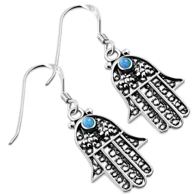 Filigree work Hamsa Earring with Synthetic Azure Blue Opal