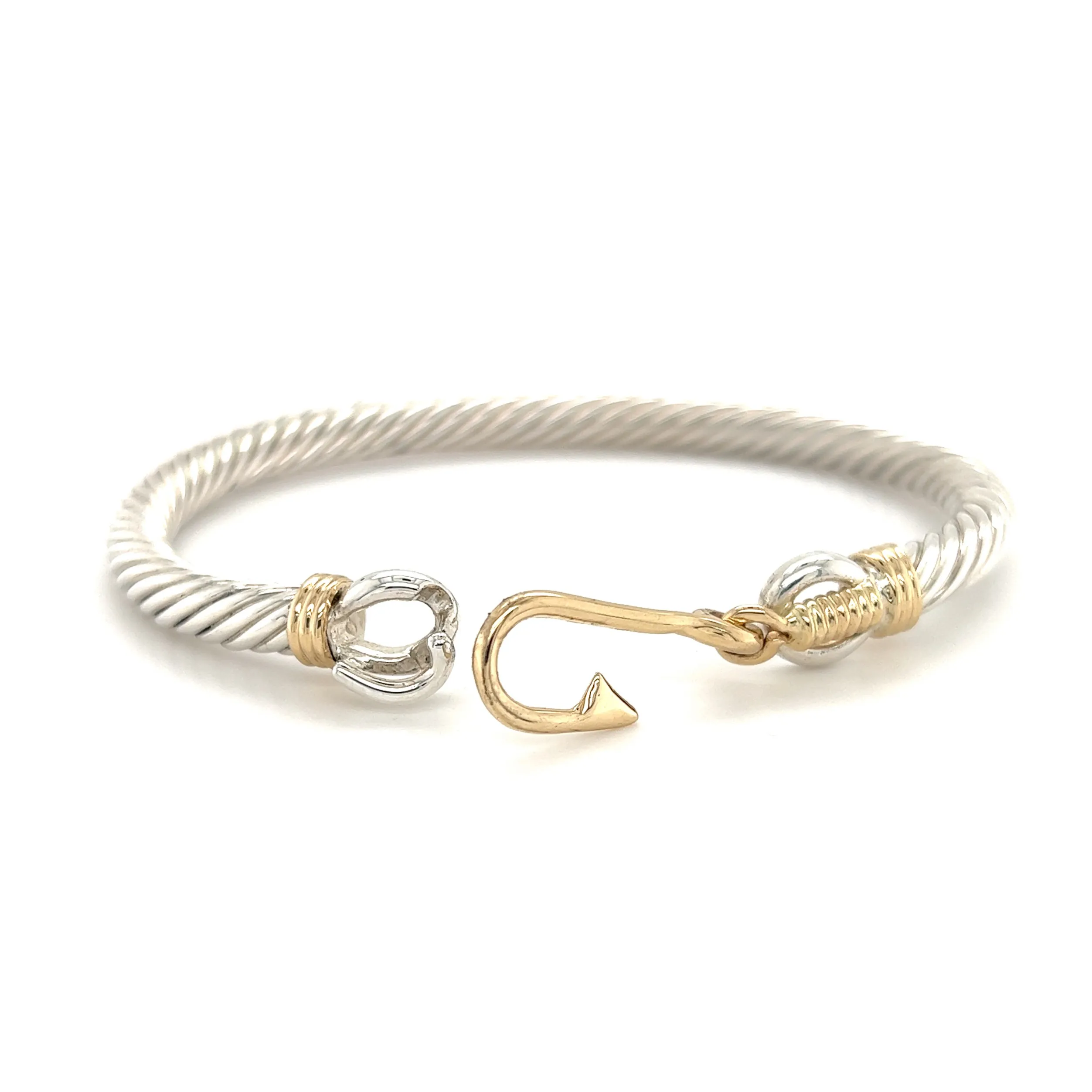 Fish Hook Cable 5mm Bangle Bracelet with 14K Wraps and Clasp in Sterling Silver