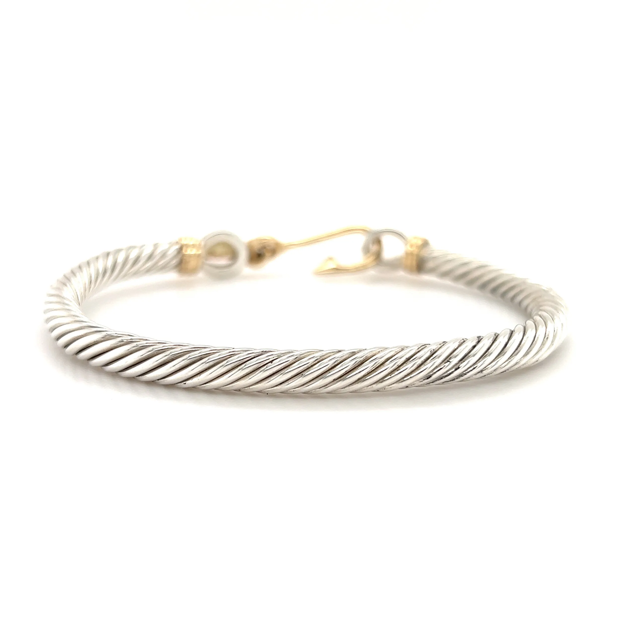 Fish Hook Cable 5mm Bangle Bracelet with 14K Wraps and Clasp in Sterling Silver