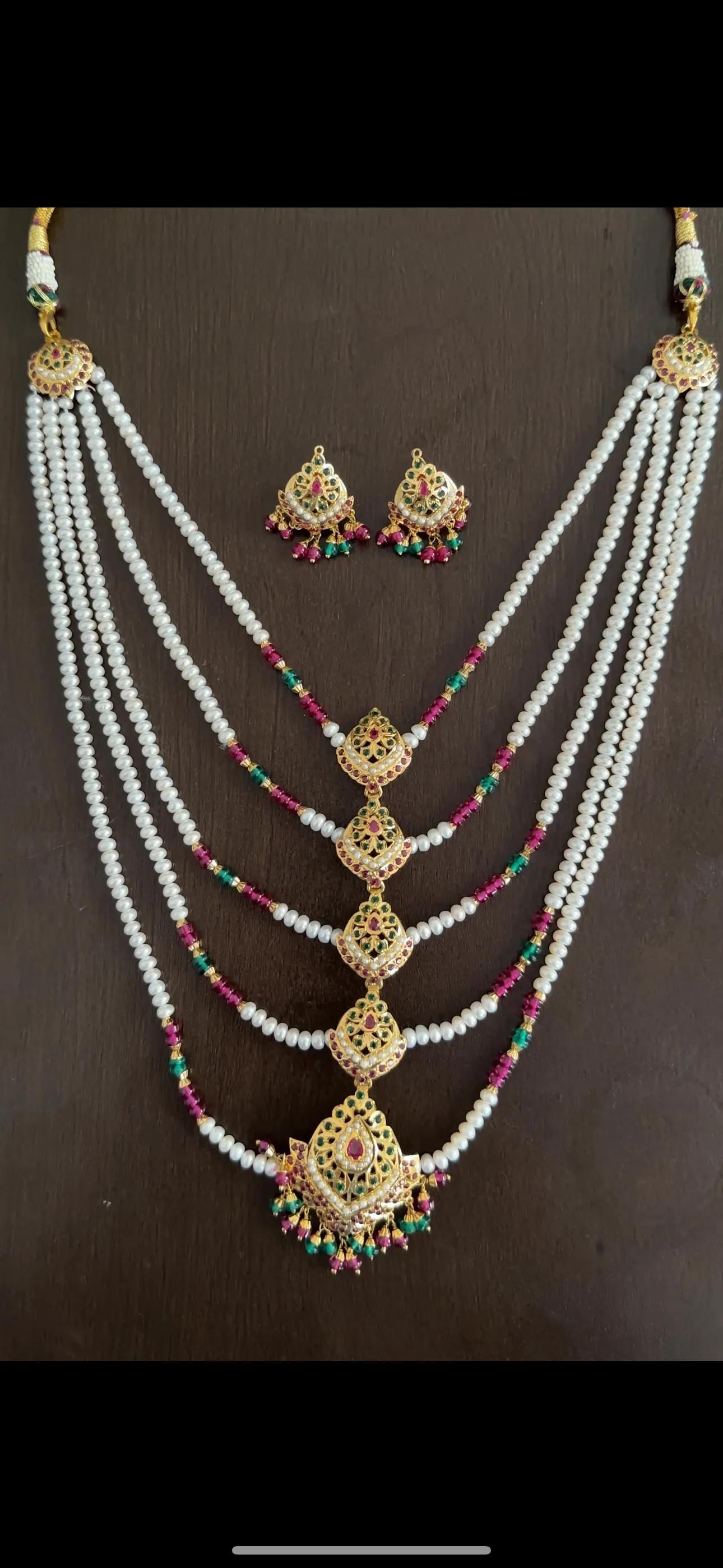 Five layer necklace with earrings in silver - gold plated , ruby emerald ( READY TO SHIP )