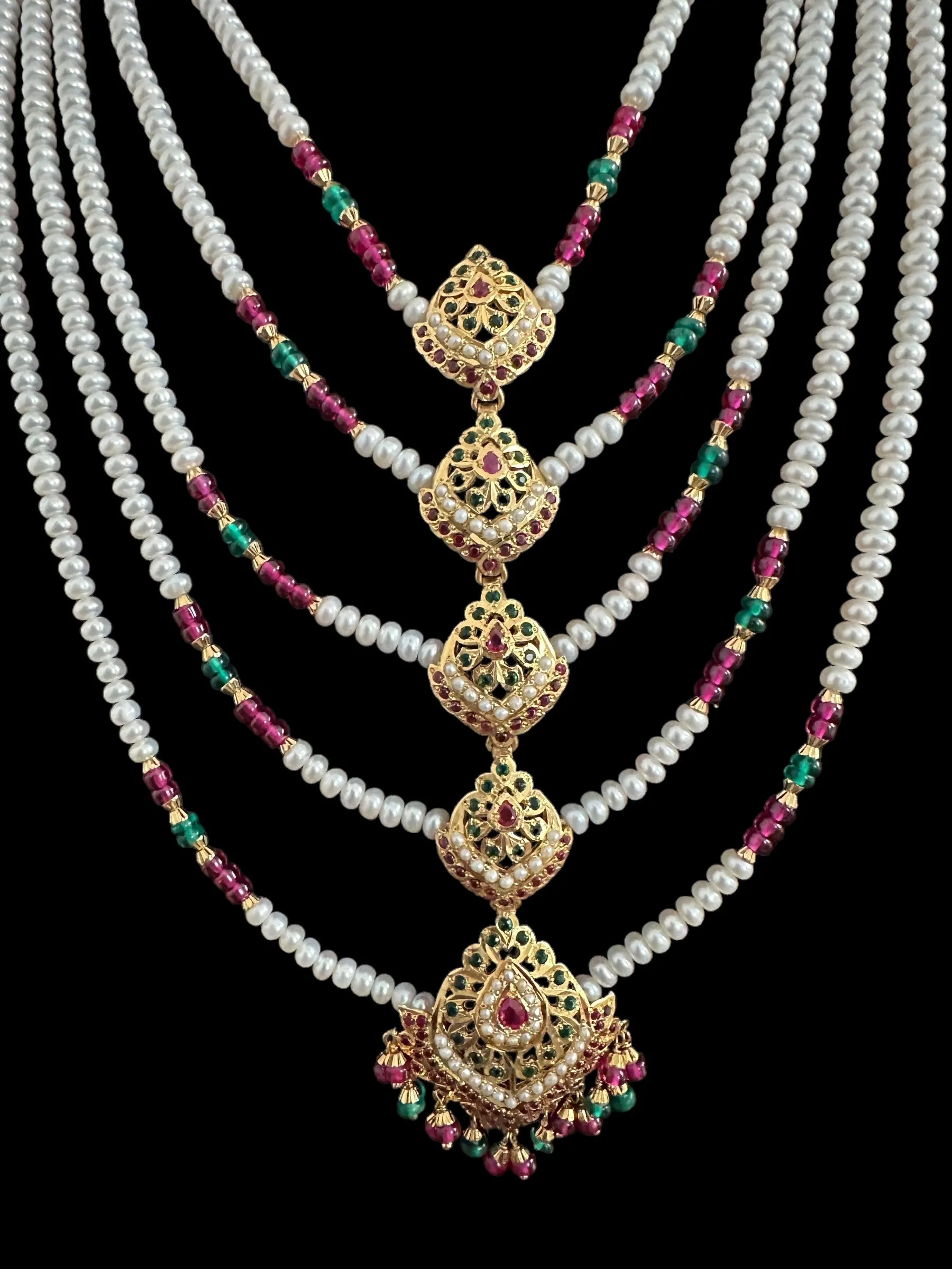 Five layer necklace with earrings in silver - gold plated , ruby emerald ( READY TO SHIP )