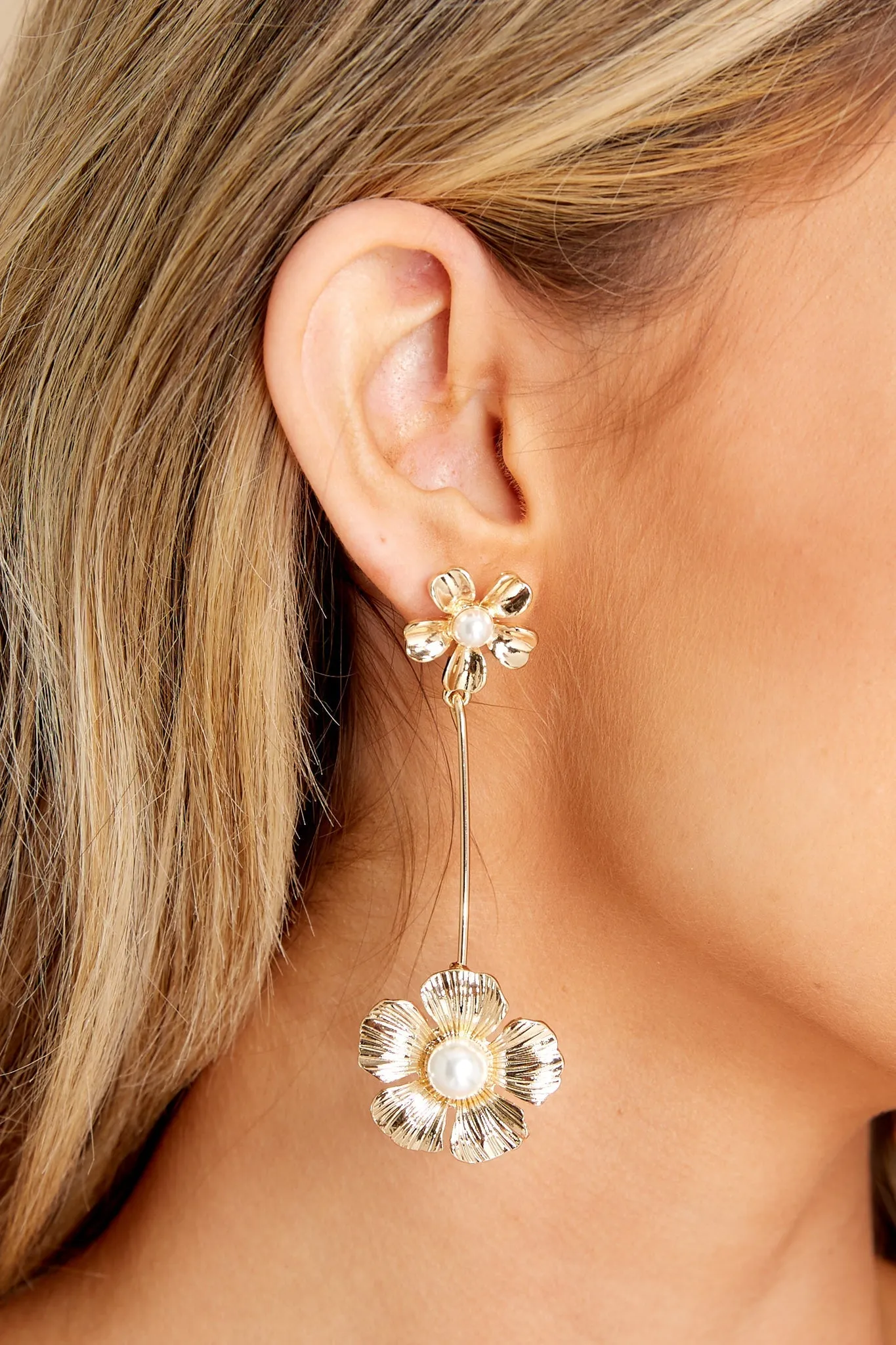 Floral Drop Gold Pearl Earrings