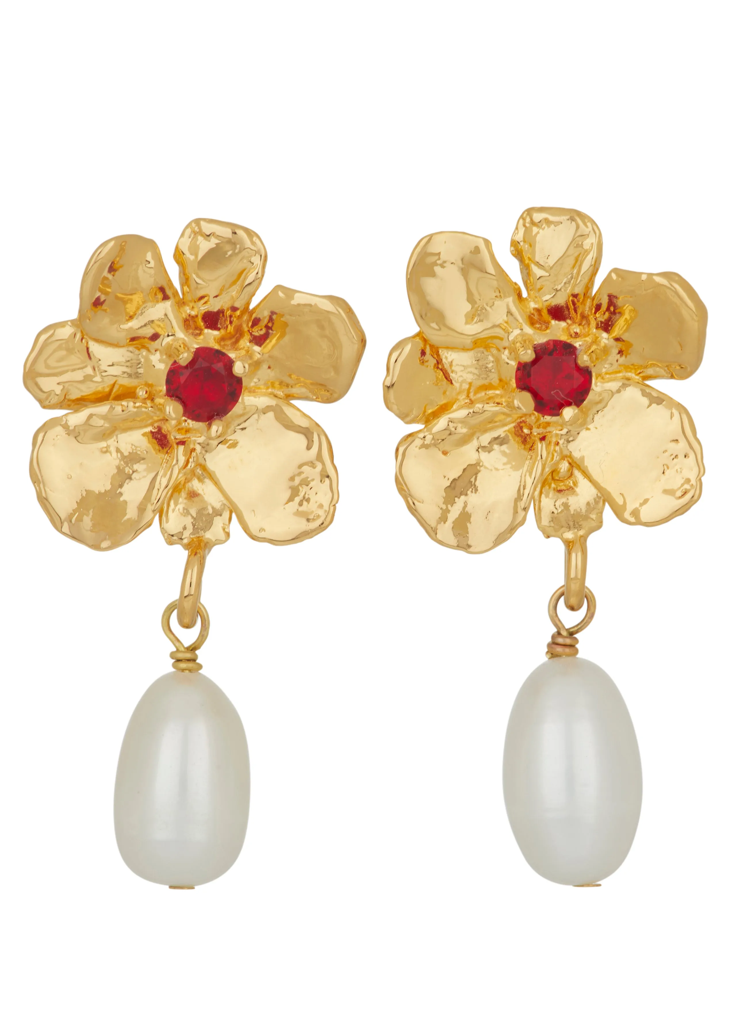 Flower Pearl Drop Earrings in Gold - Red