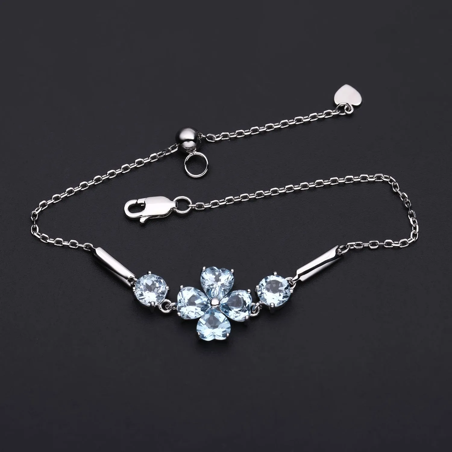 Four Leaves Clover Natural Blue Topaz Silver Bracelet