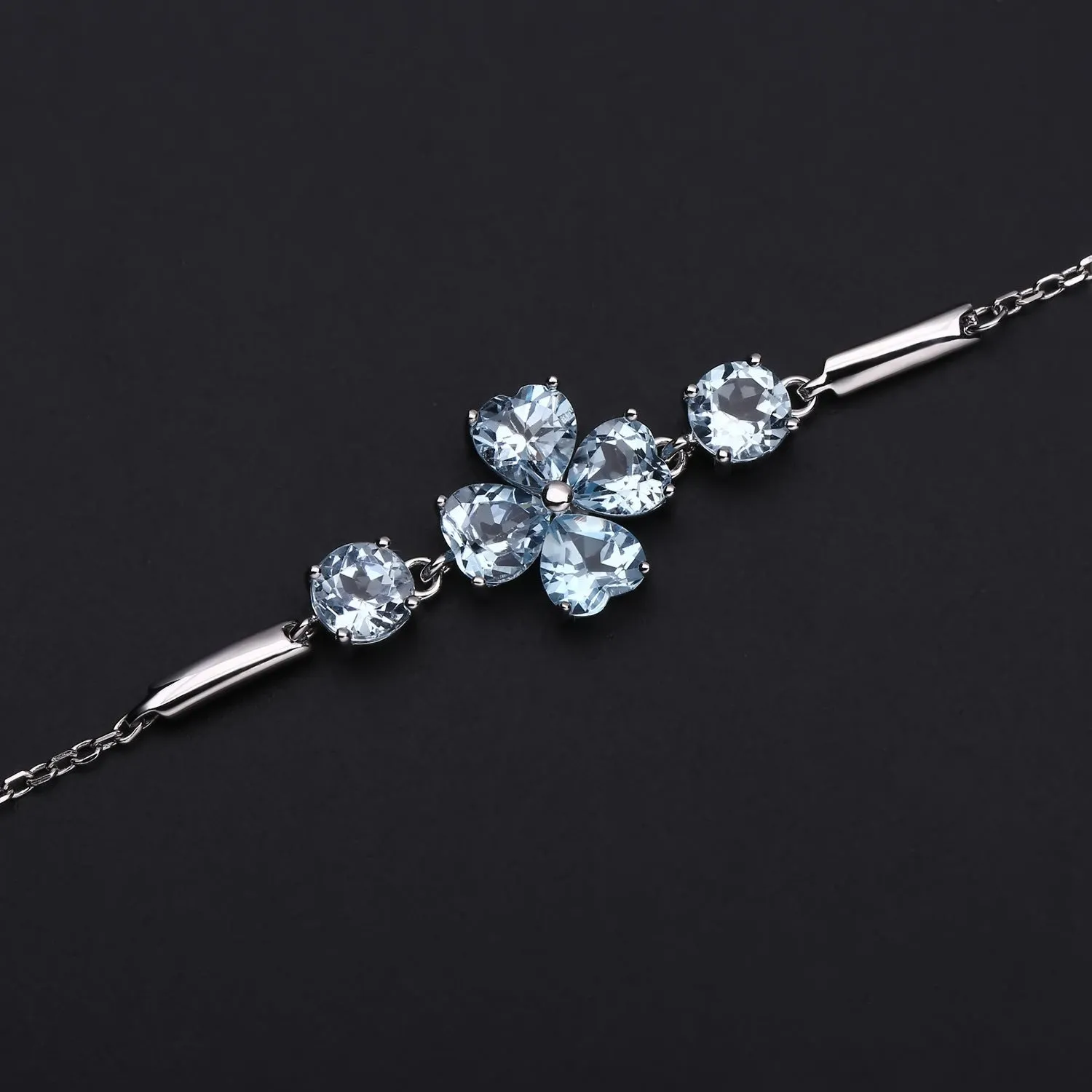 Four Leaves Clover Natural Blue Topaz Silver Bracelet