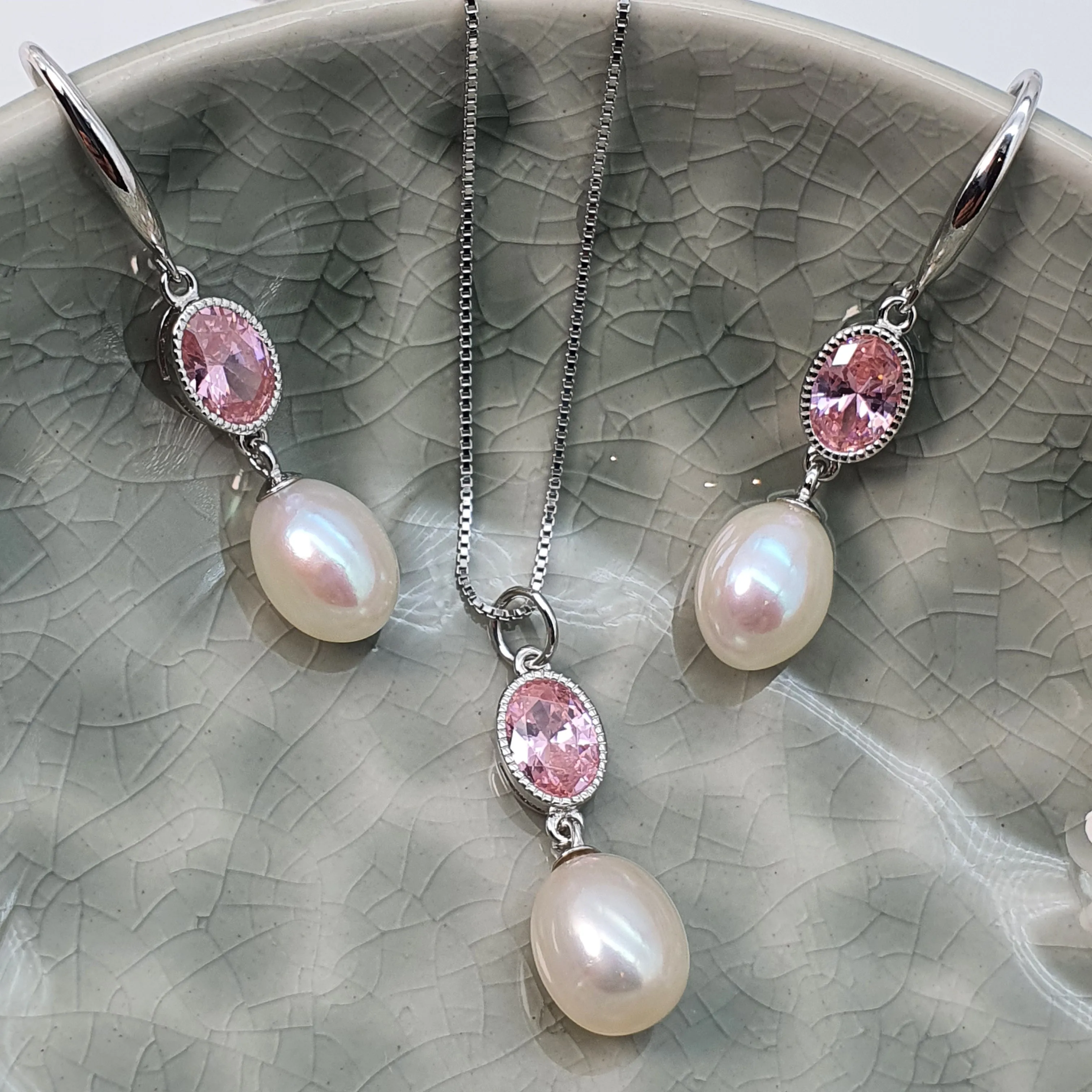 Freshwater Cultured Pearl Pink Set, Sterling silver