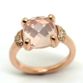 Genuine Solid 9ct375 Rose Gold Rose Quartz Faceted Cushion Stone Diamond Ring, Size K