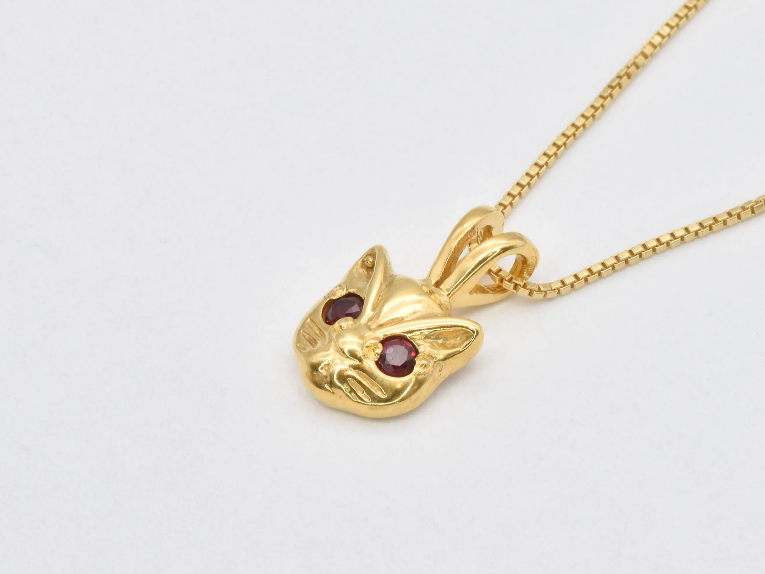 Gold Cat Ruby Pendant - Red Eyed Cat Necklace, Cat Lover Necklace