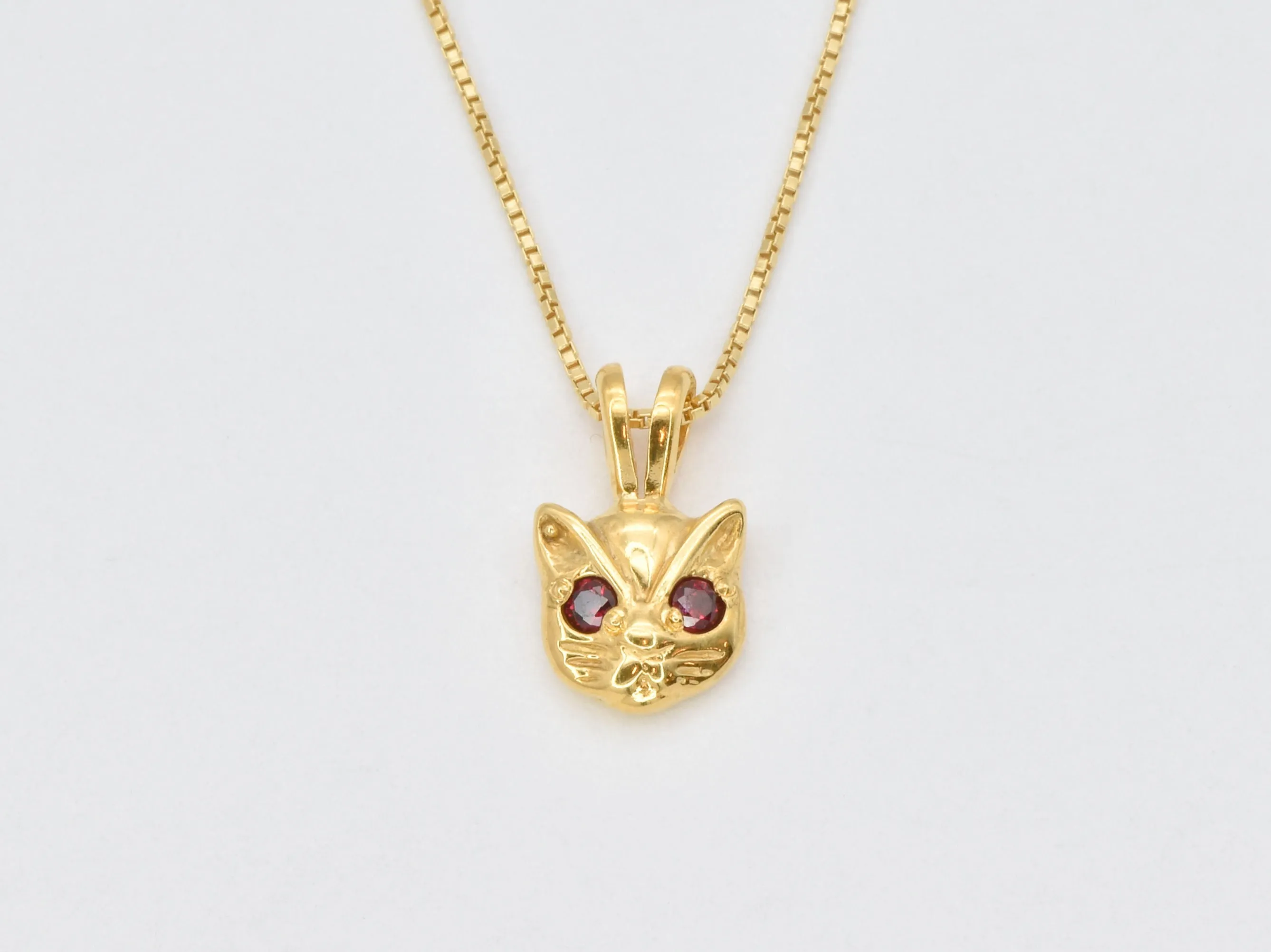 Gold Cat Ruby Pendant - Red Eyed Cat Necklace, Cat Lover Necklace