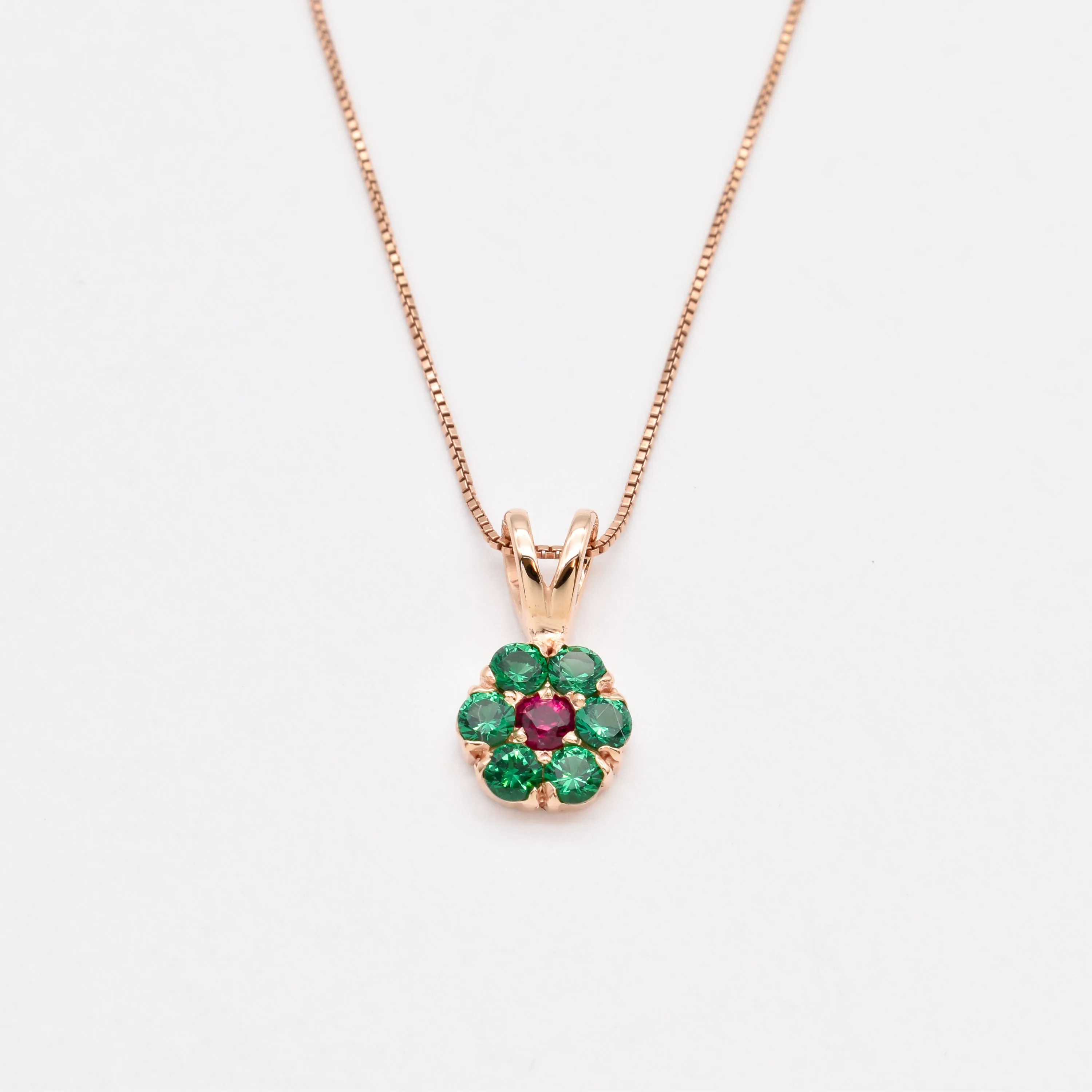 Gold Emerald Pendant - Ruby Flower Necklace - Rose Gold Necklace