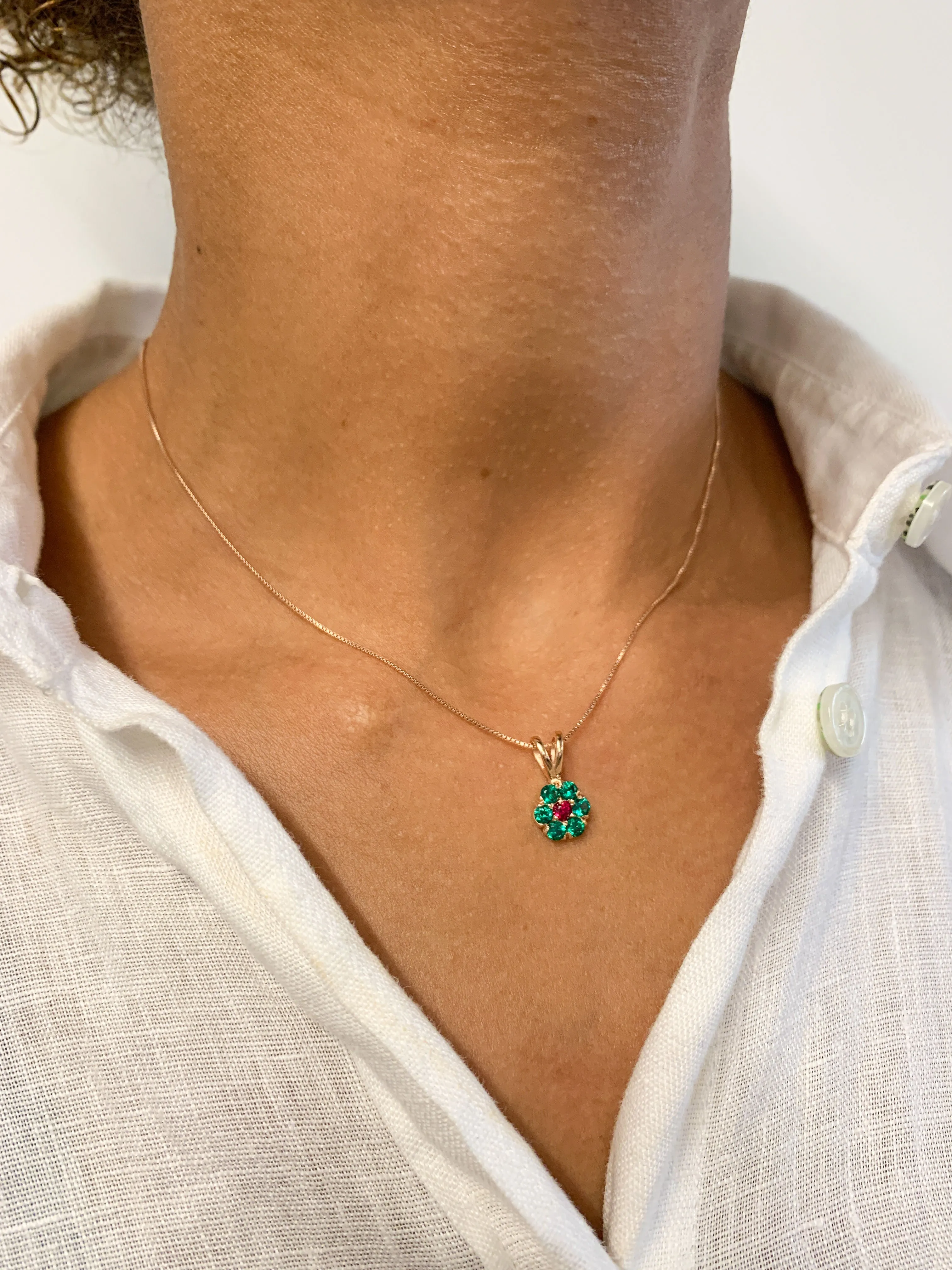 Gold Emerald Pendant - Ruby Flower Necklace - Rose Gold Necklace