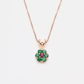 Gold Emerald Pendant - Ruby Flower Necklace - Rose Gold Necklace