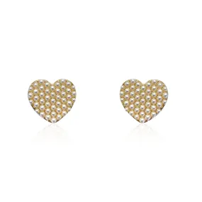 Gold Plated Heart Shaped Earrings With Small Pearls Set in Honeycomb Design