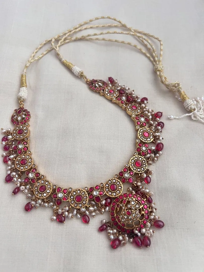 Gold polish kundan & ruby necklace with pearls & ruby beads