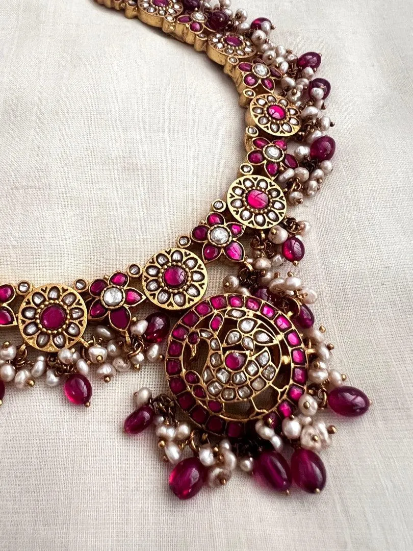 Gold polish kundan & ruby necklace with pearls & ruby beads