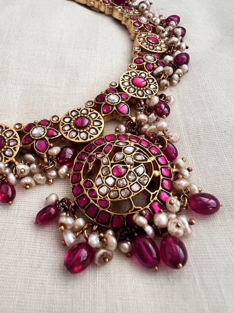 Gold polish kundan & ruby necklace with pearls & ruby beads