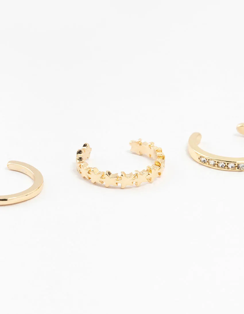 Gold Straight & Crystal Toe Rings 3-Pack