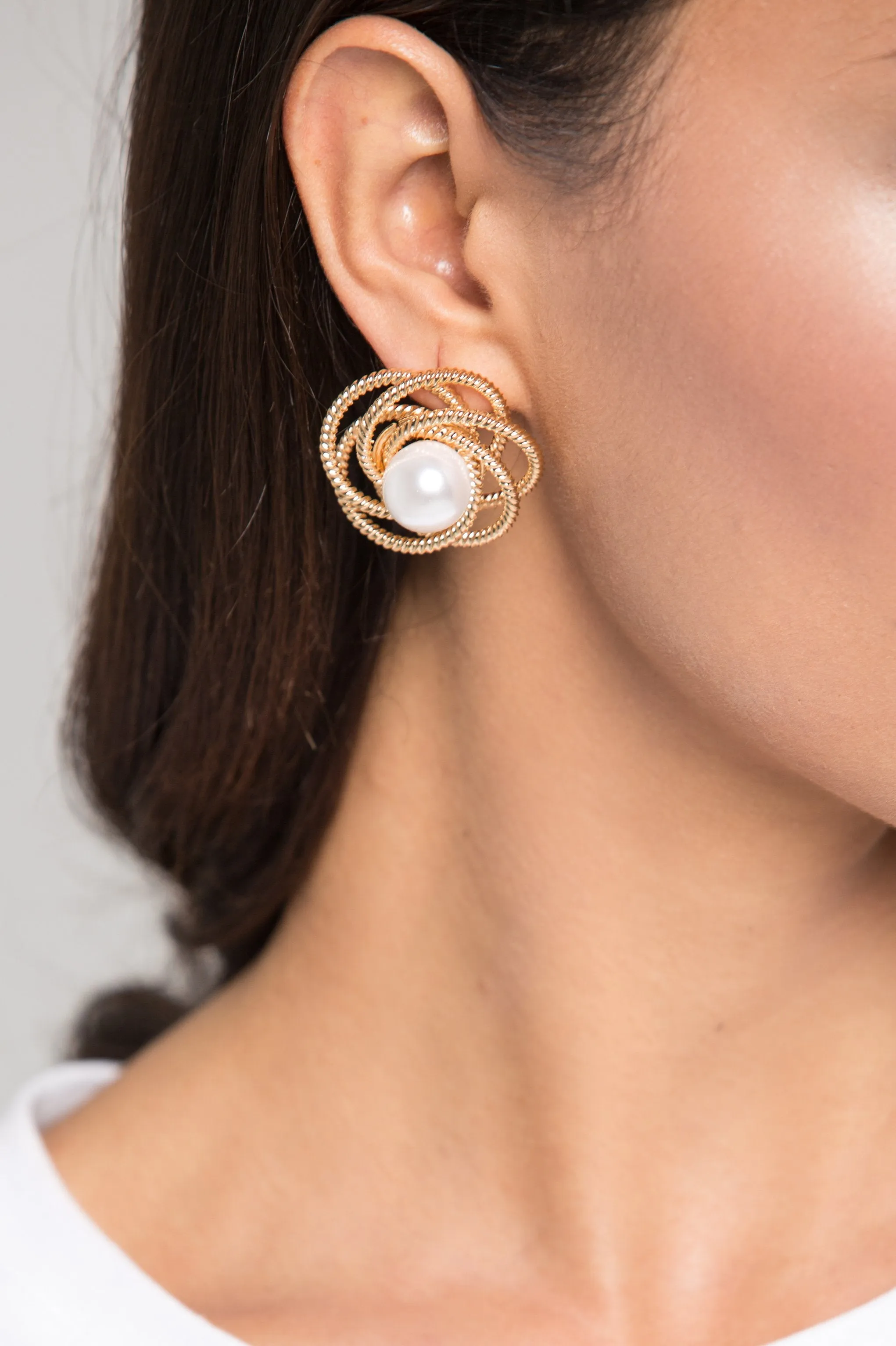 Gold Wire and Pearl Camelia Earrings