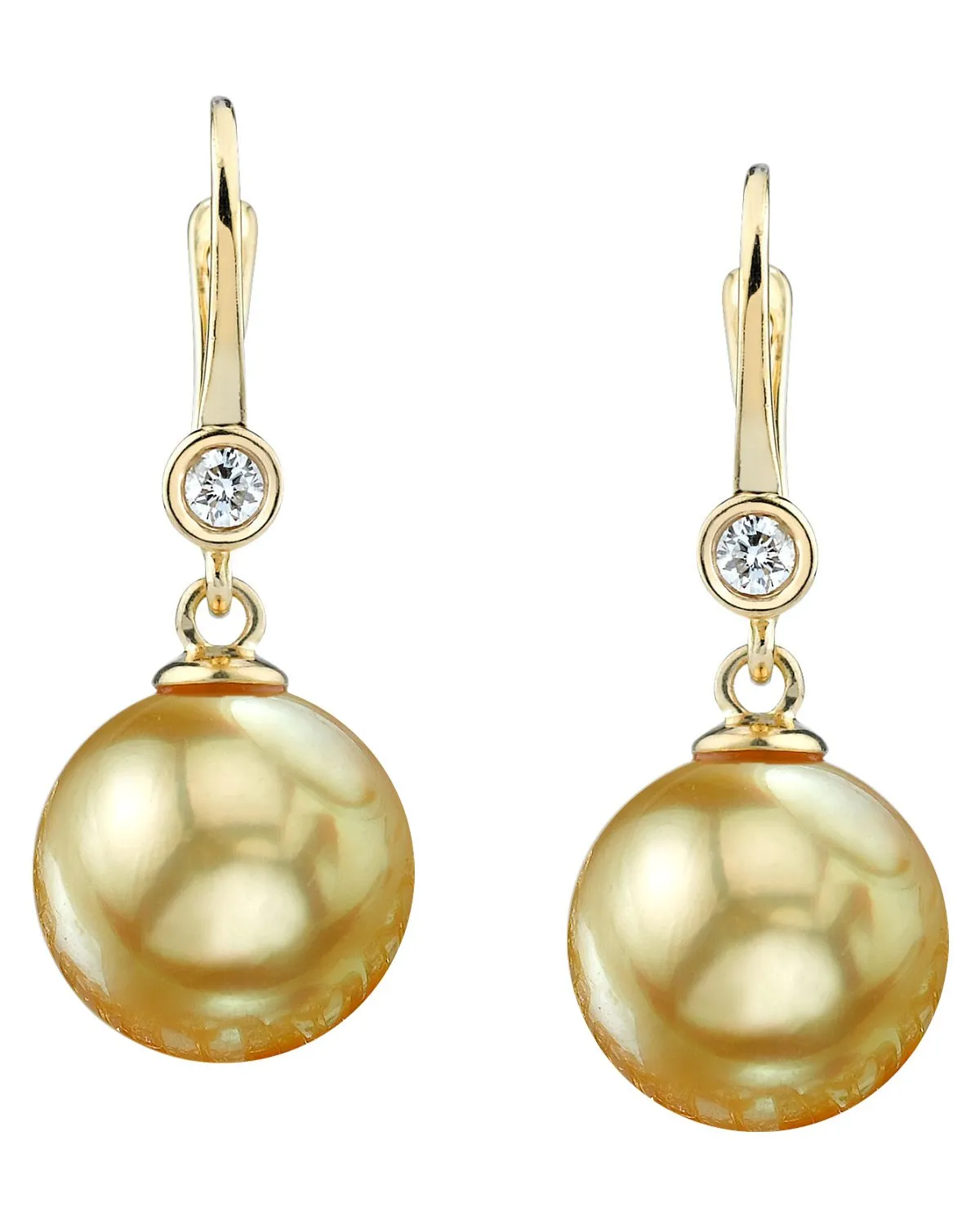 Golden South Sea Pearl & Diamond Bezel Dangle Earrings