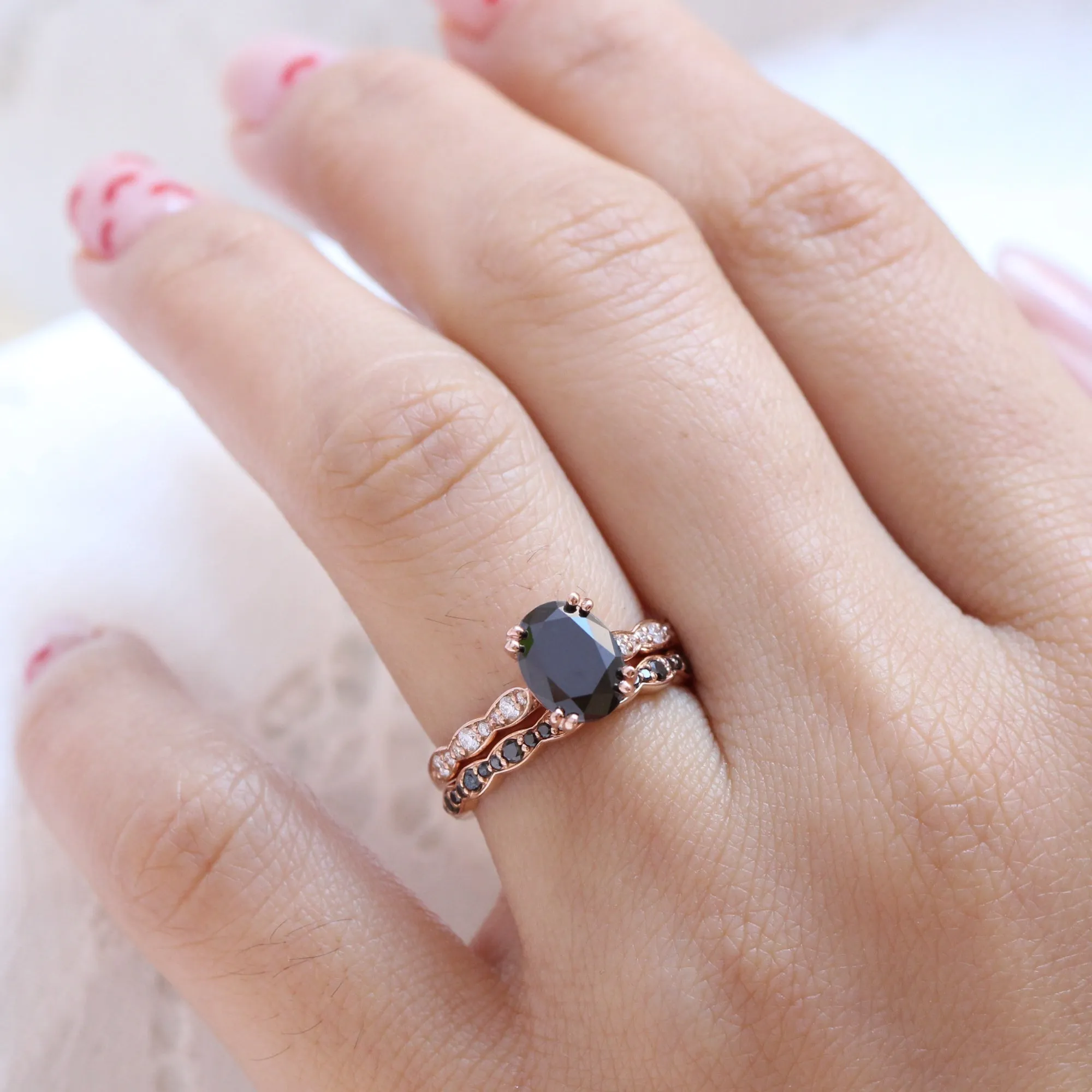 Grace Solitaire Black Diamond Ring Set w/ Matching Diamond Scalloped Wedding Band