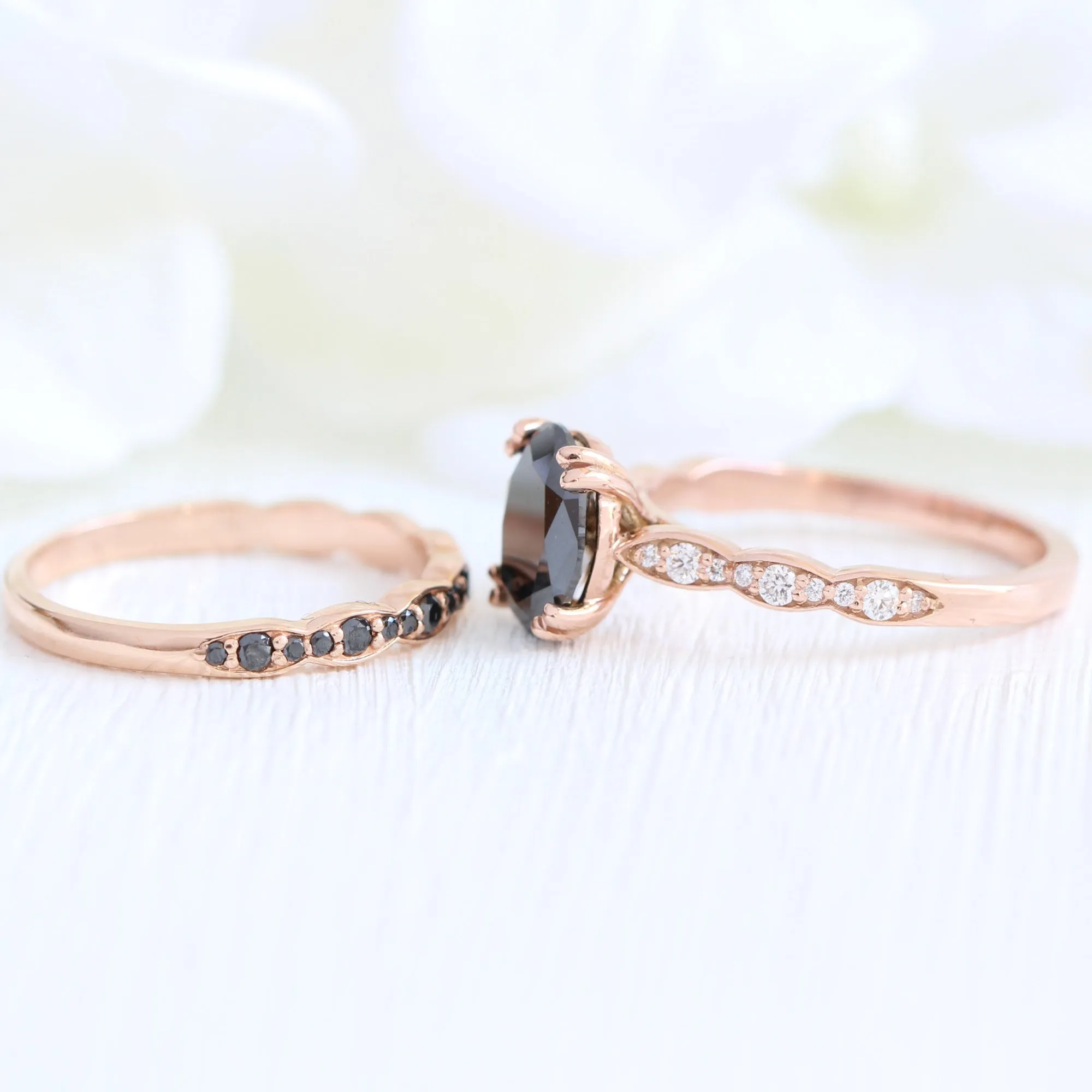 Grace Solitaire Black Diamond Ring Set w/ Matching Diamond Scalloped Wedding Band