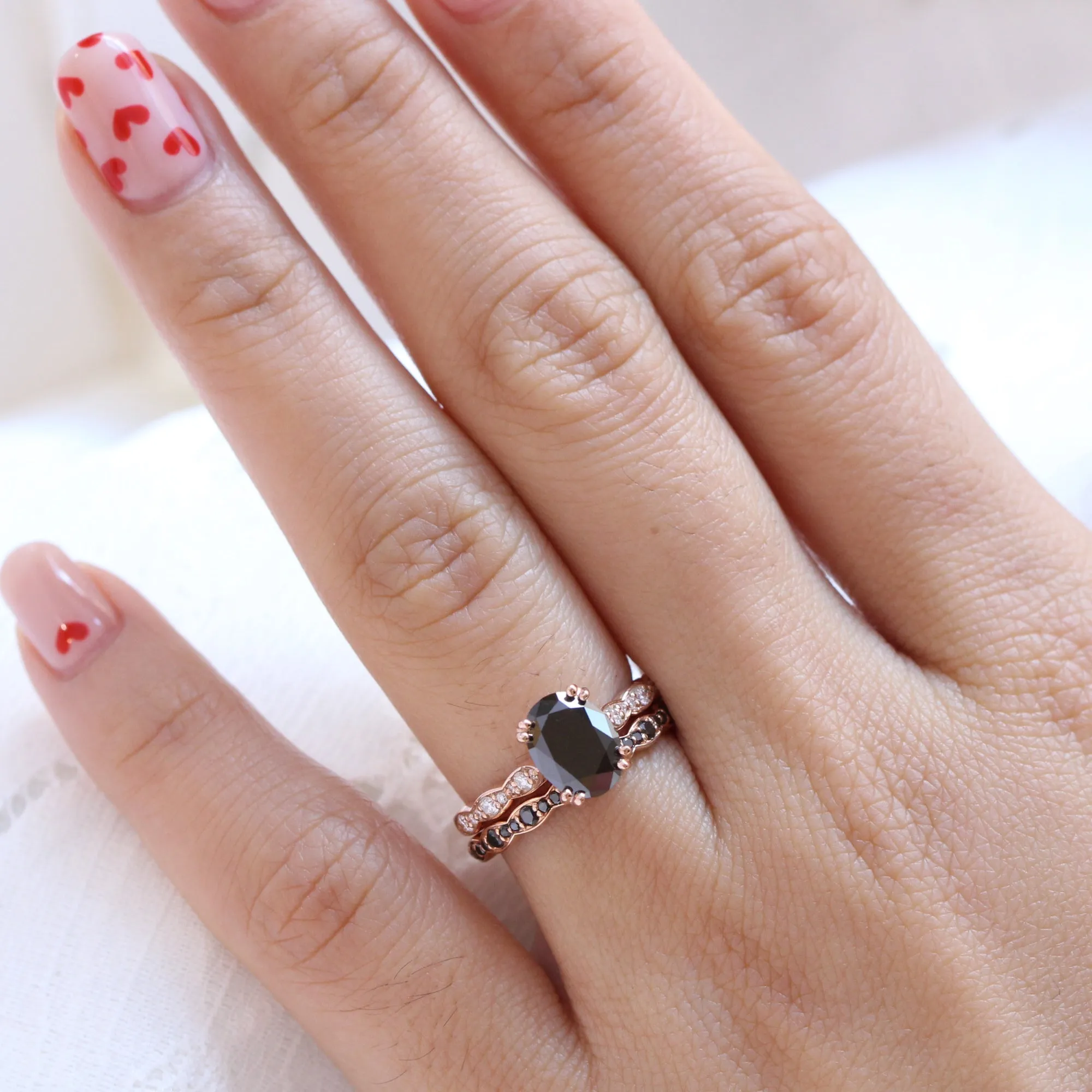 Grace Solitaire Black Diamond Ring Set w/ Matching Diamond Scalloped Wedding Band