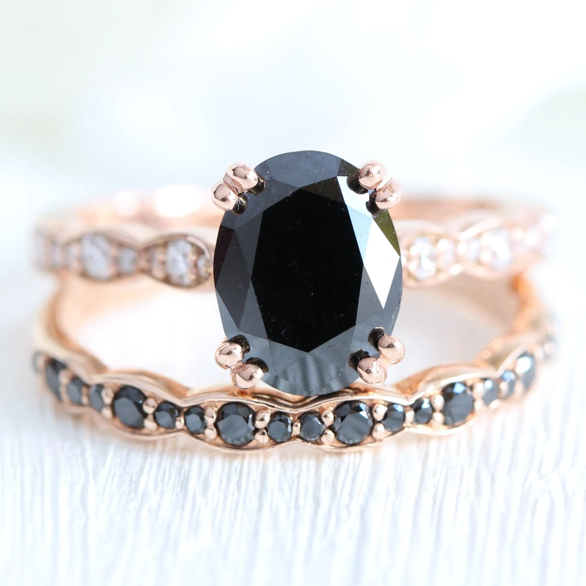 Grace Solitaire Black Diamond Ring Set w/ Matching Diamond Scalloped Wedding Band