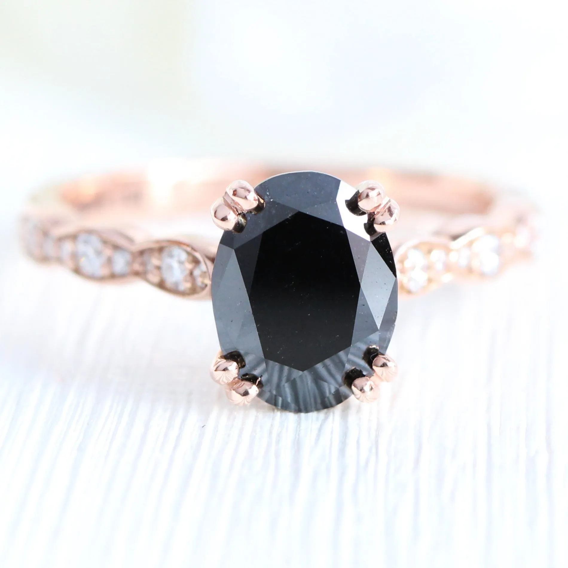 Grace Solitaire Black Diamond Ring Set w/ Matching Diamond Scalloped Wedding Band