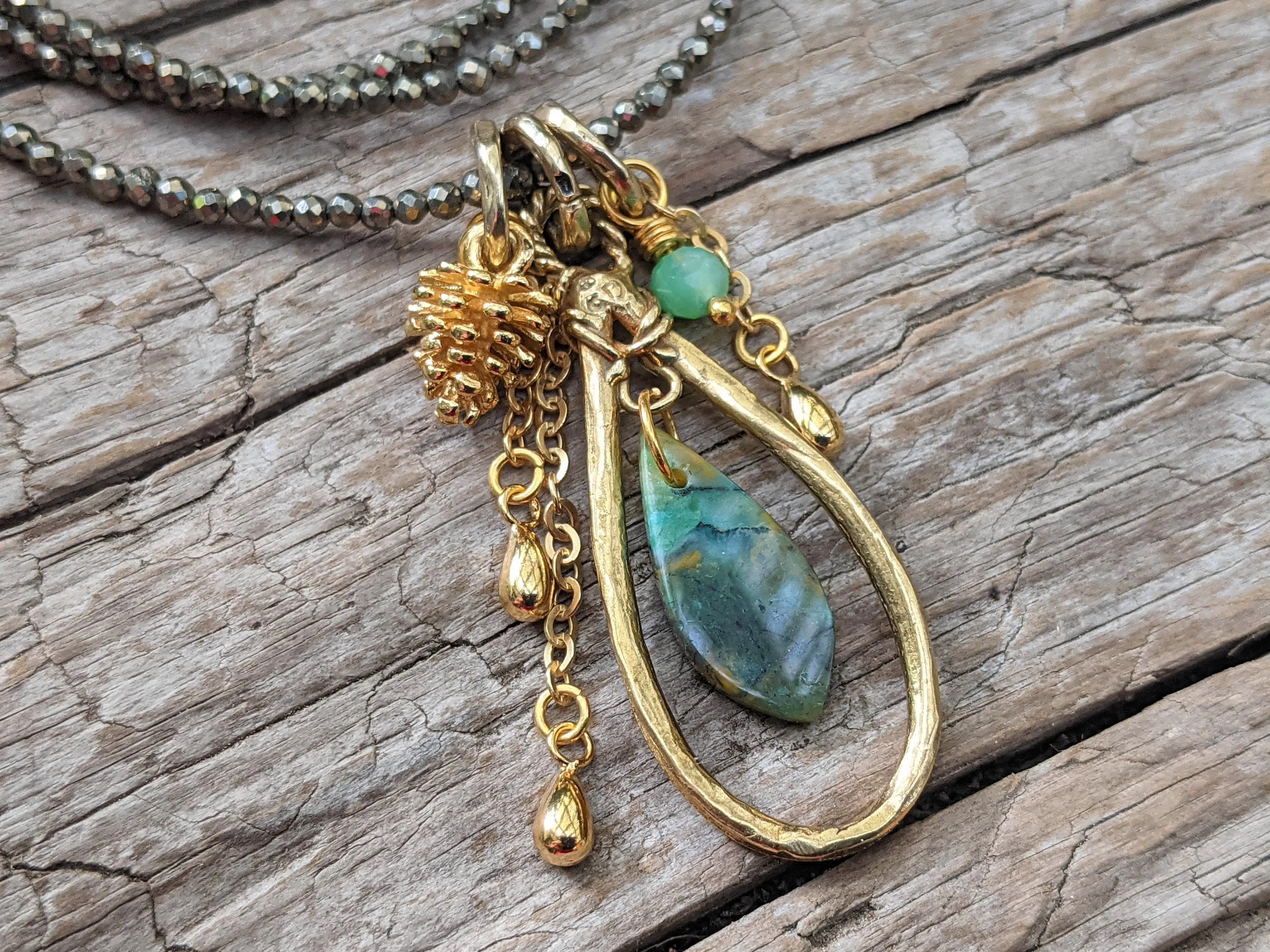 Green-Blue Opalized Wood Opal Pendant Necklace