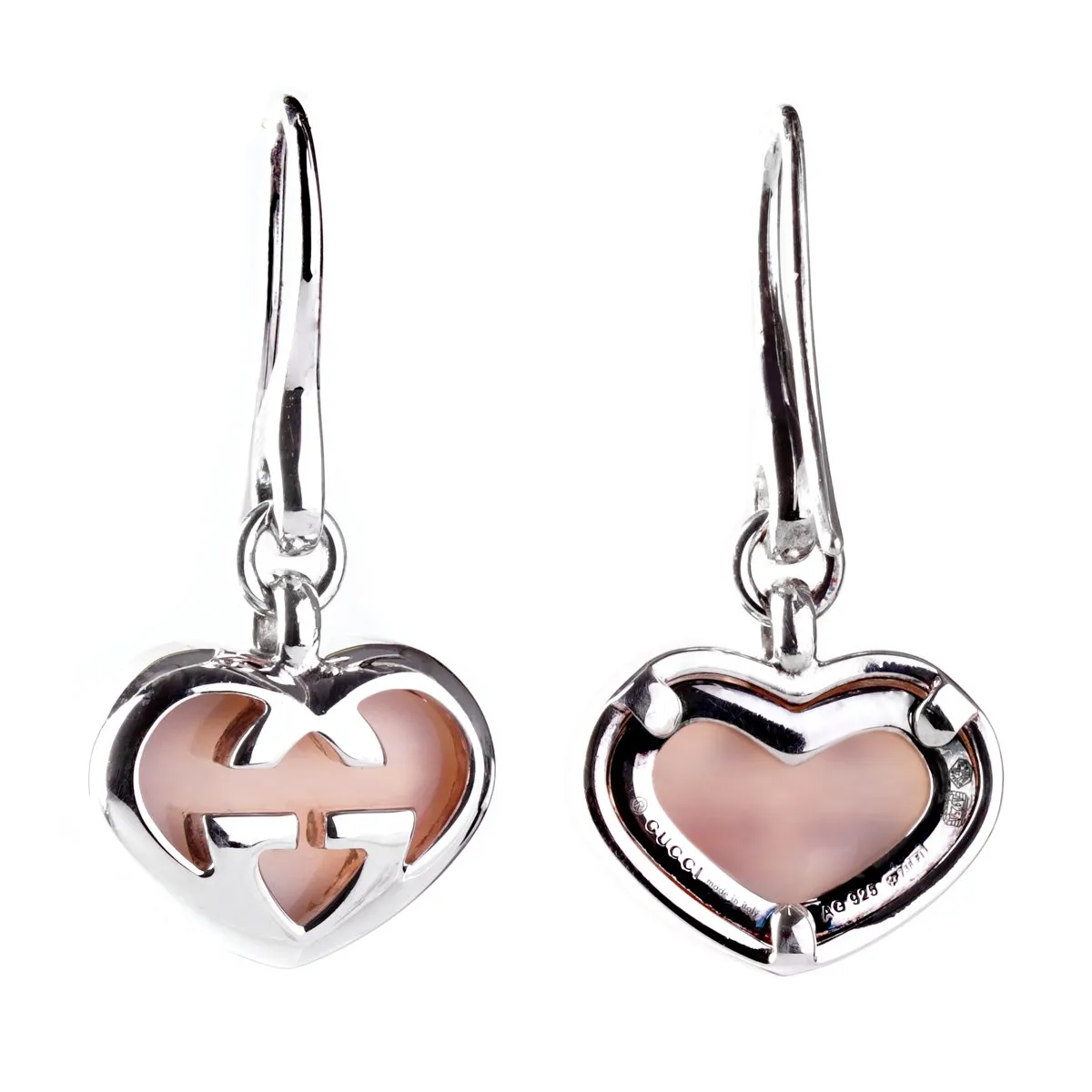 Gucci Pink Opal Double G Silver Heart Earrings