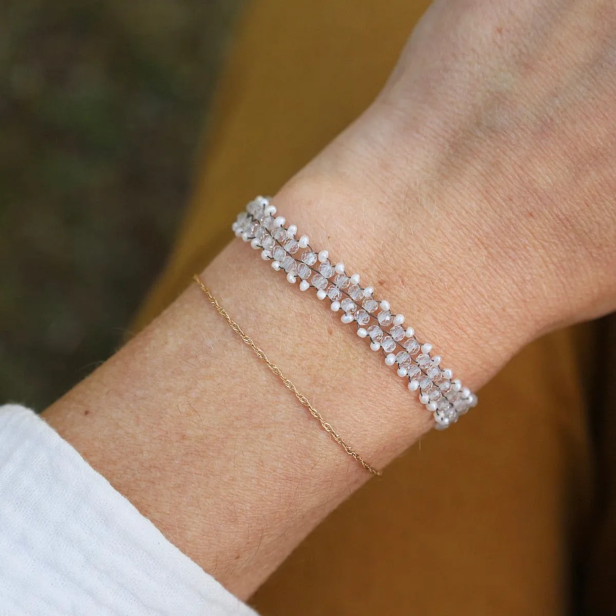 Hand Woven Soft Bracelet of White Topaz with Tiny Pearls