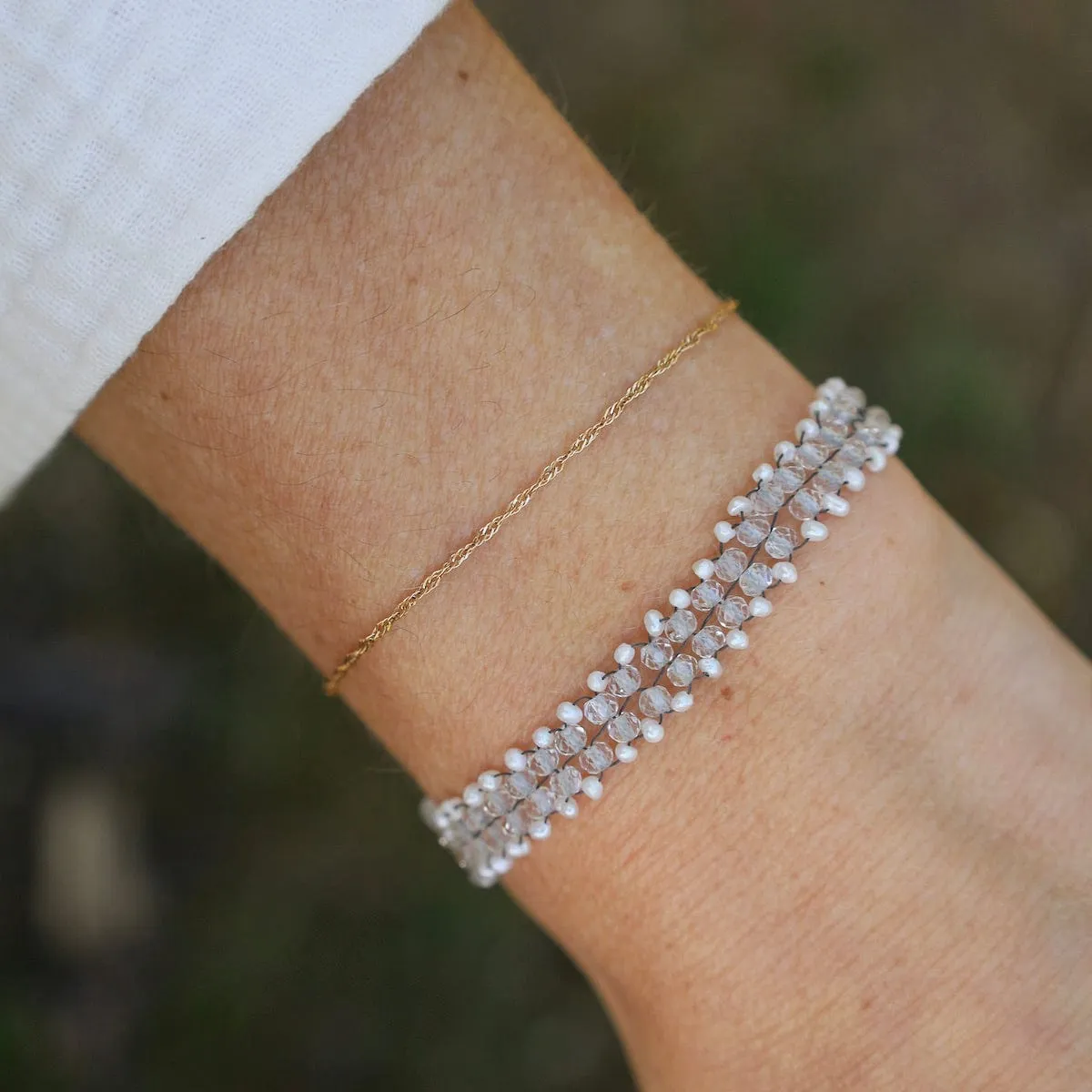 Hand Woven Soft Bracelet of White Topaz with Tiny Pearls