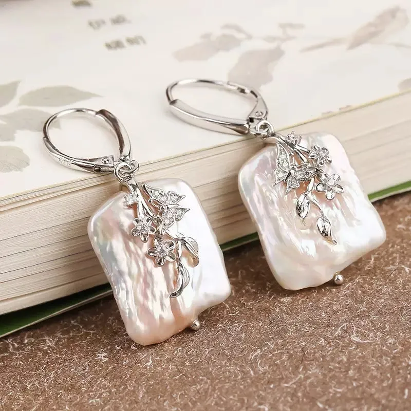 Handcrafted Baroque Freshwater Pearl Leaf Earrings Silver