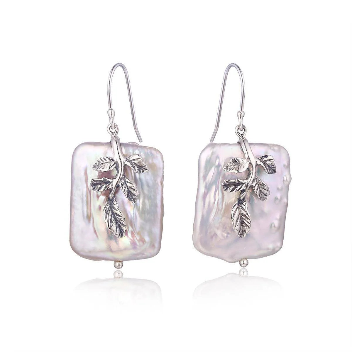 Handcrafted Baroque Freshwater Pearl Leaf Earrings Silver