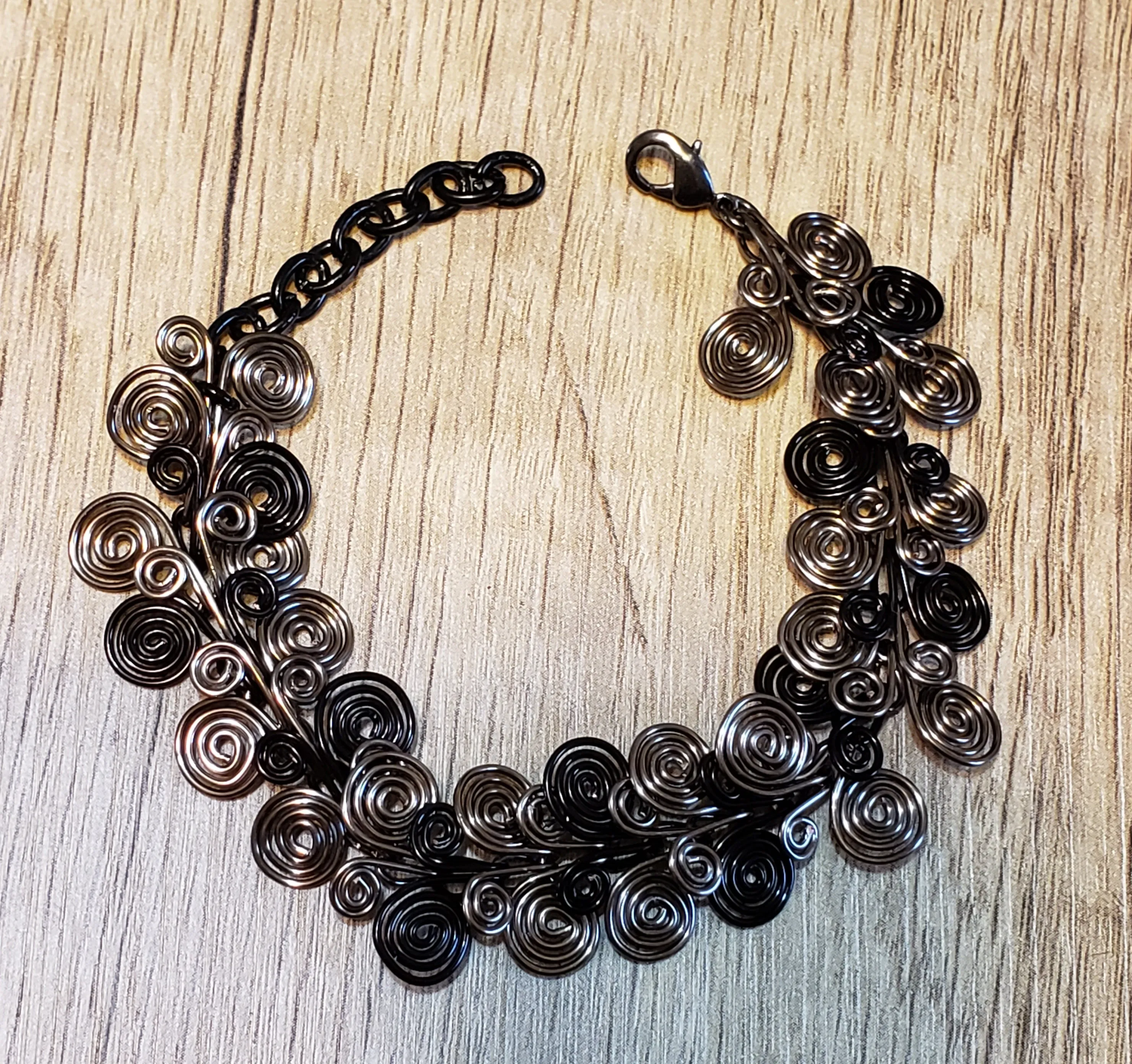 Hand Crafted Gun Metal & Black Wire Spiral Chain Bracelet. Adjustable 6.5"-8" with Lobster Claw Clasp