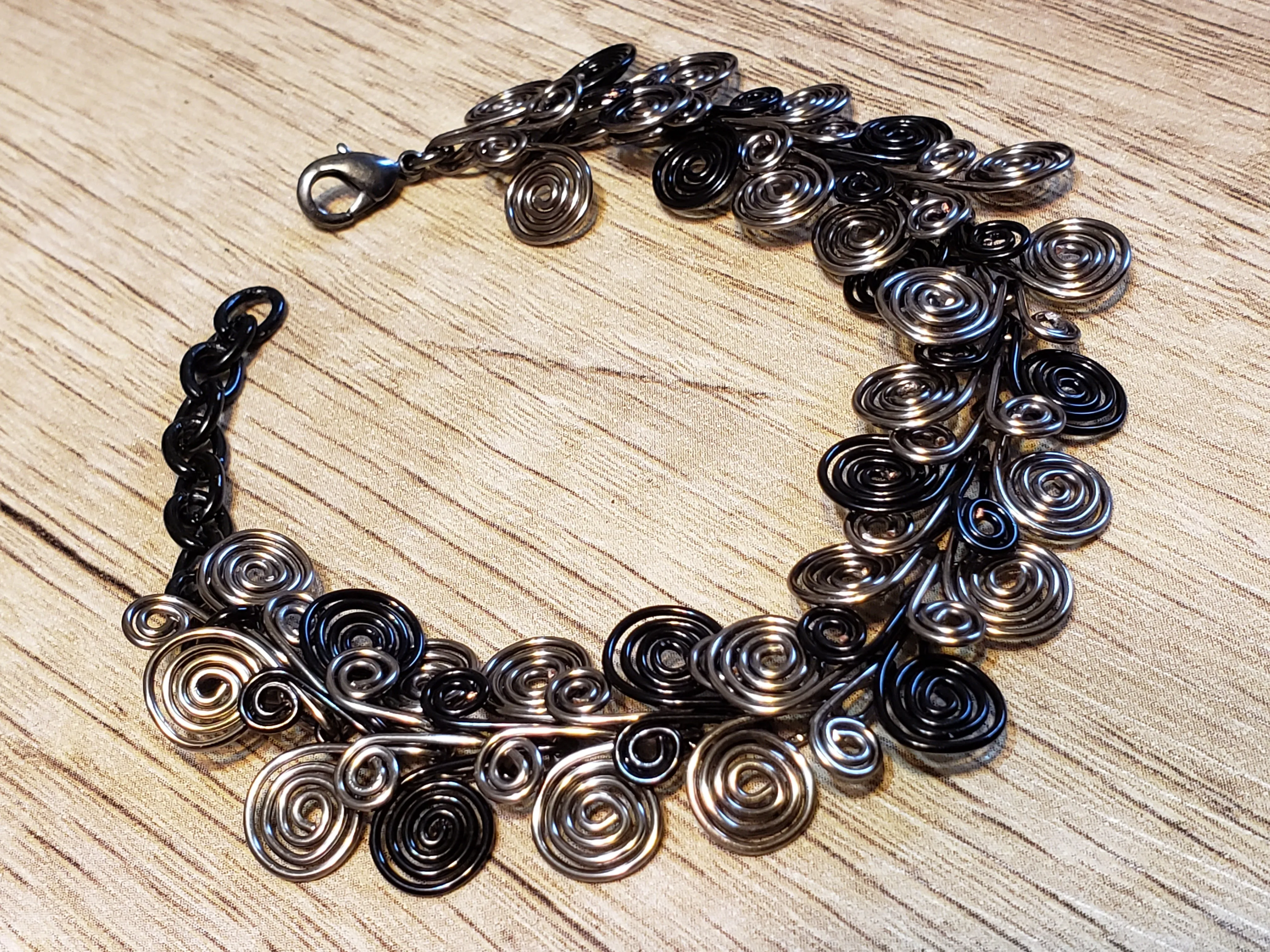 Hand Crafted Gun Metal & Black Wire Spiral Chain Bracelet. Adjustable 6.5"-8" with Lobster Claw Clasp