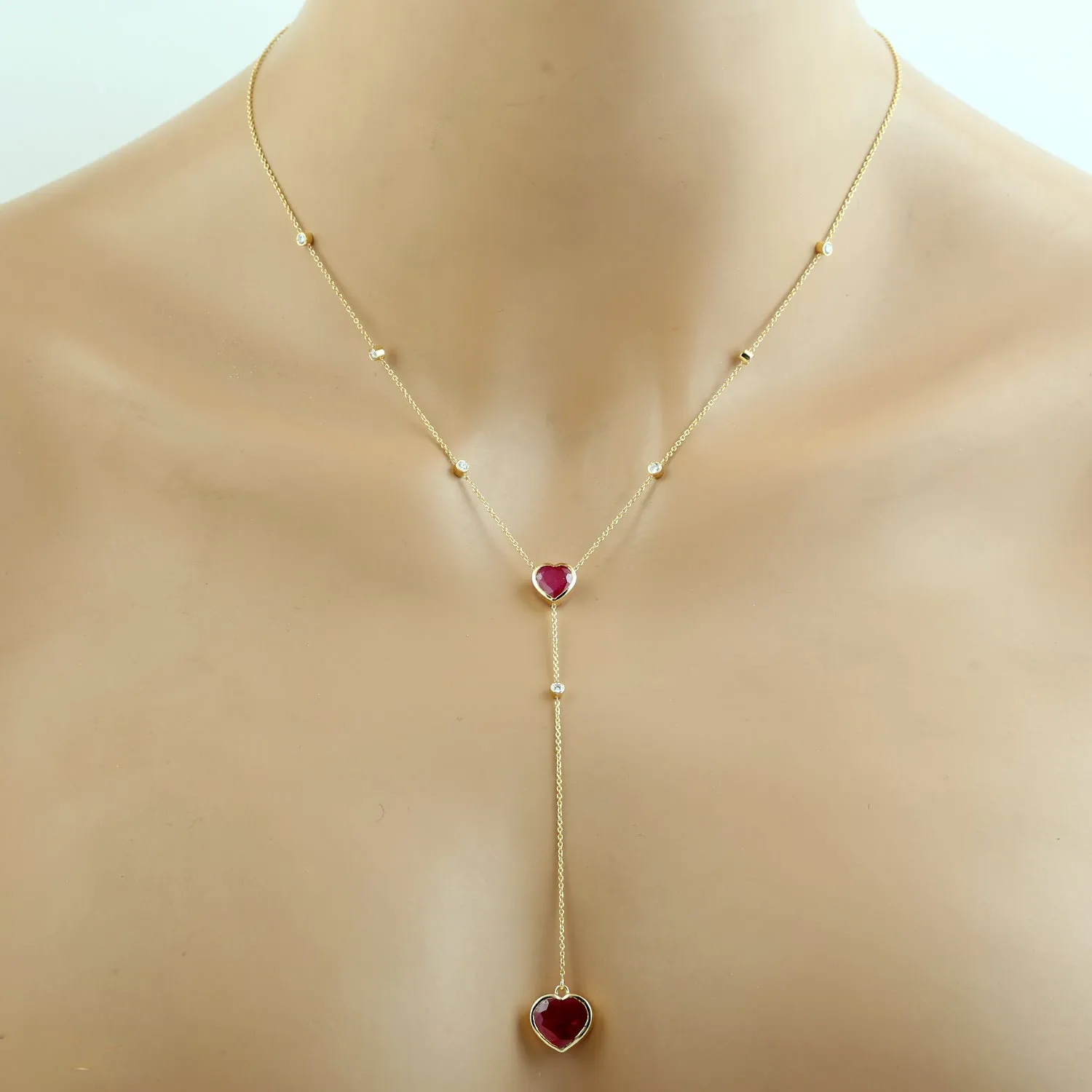 Heart Bezel Set Ruby Natural Diamond 18K Yellow Gold Princess Necklace Jewelry For Wedding