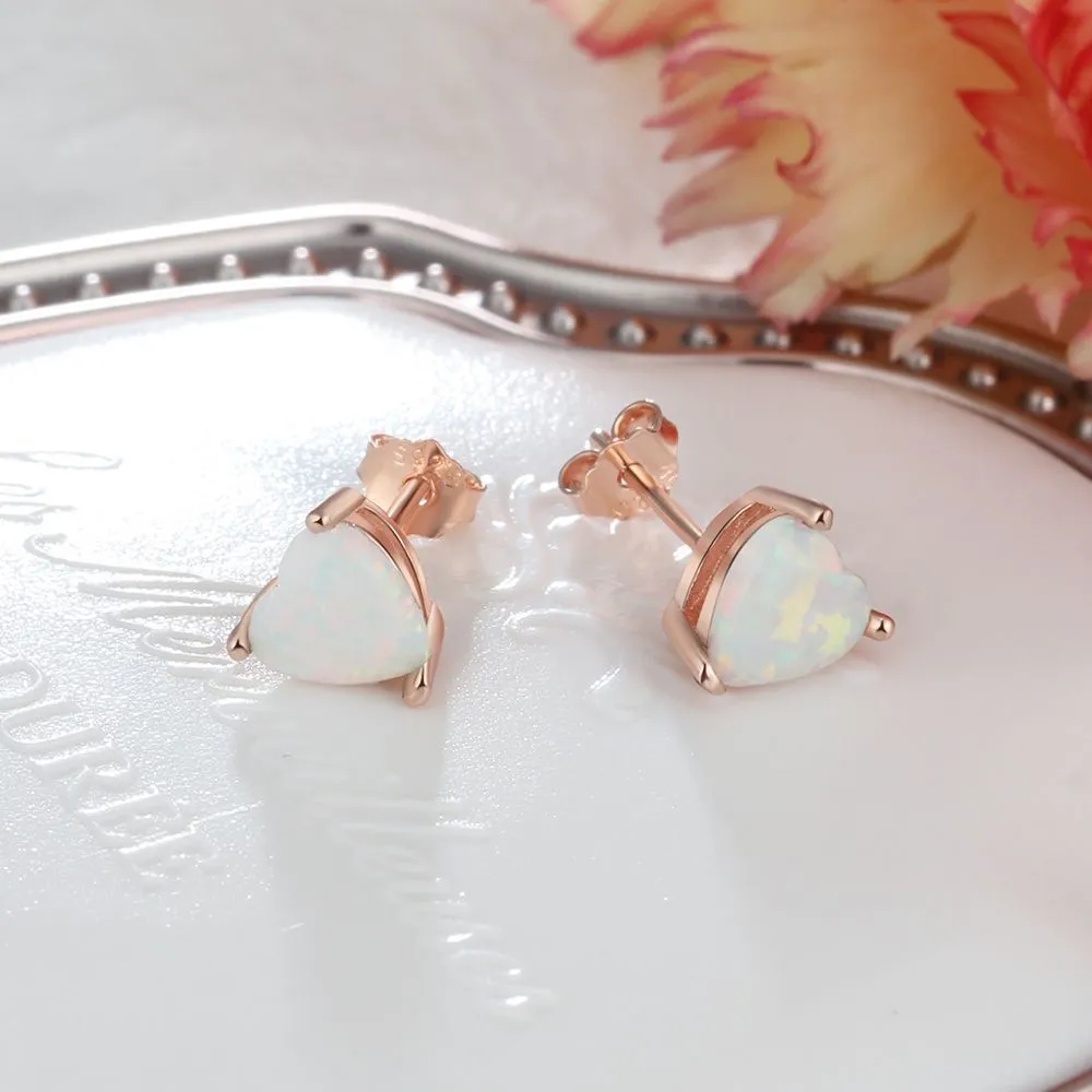 Heart Shape Opal Rose Gold Sterling Silver Stud Earrings