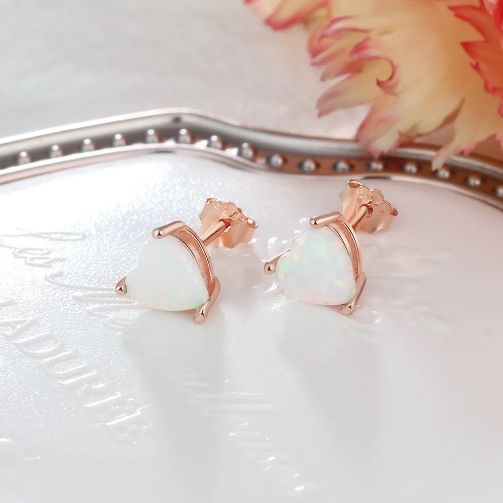 Heart Shape Opal Rose Gold Sterling Silver Stud Earrings