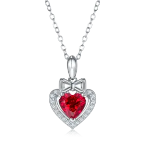 Heart-Shaped Lab Created Ruby Necklace with Halo Bow in S925 Silver Plated Platinum - 1.56 Carats