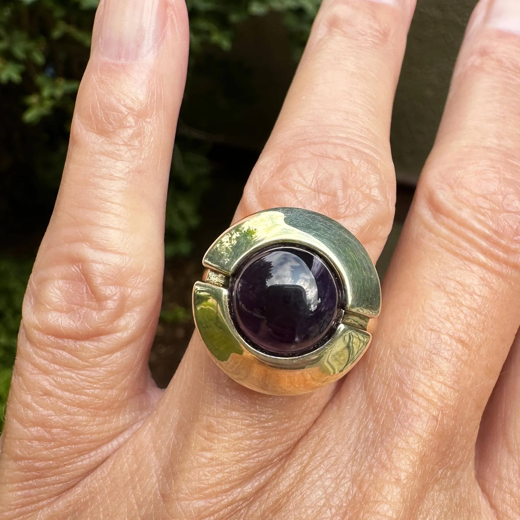 Heavy 14K Gold Amethyst Cabochon Target Style Ring