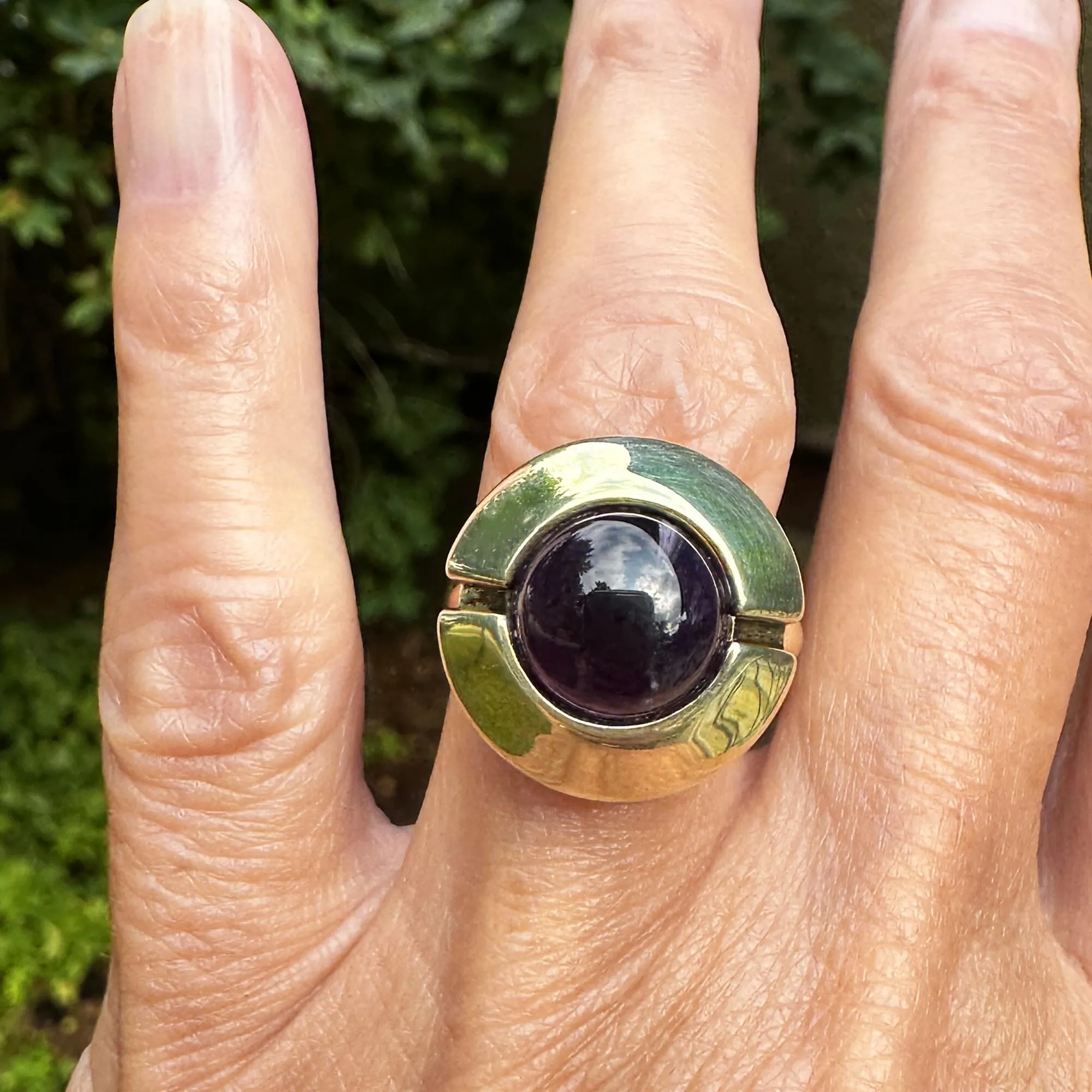 Heavy 14K Gold Amethyst Cabochon Target Style Ring