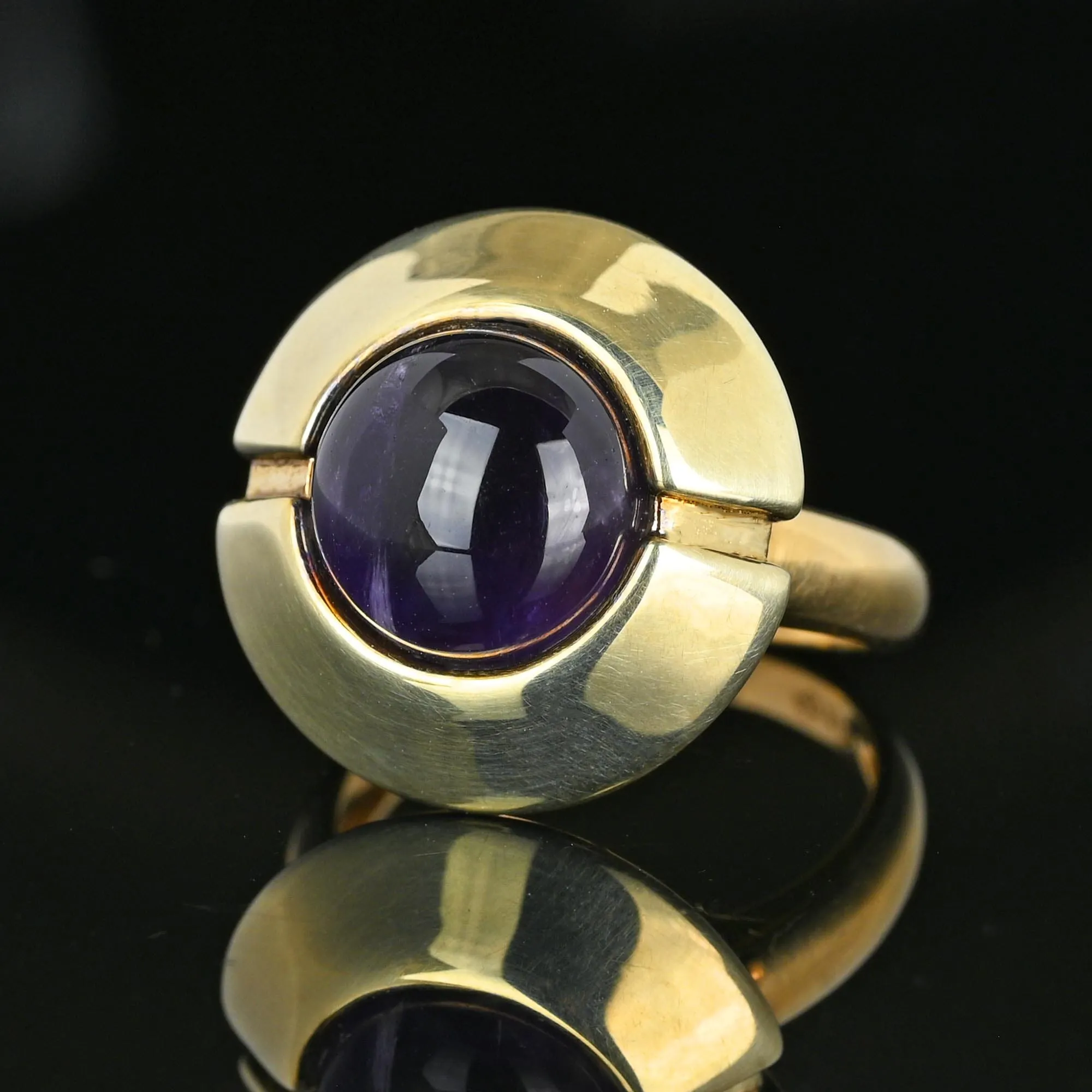 Heavy 14K Gold Amethyst Cabochon Target Style Ring