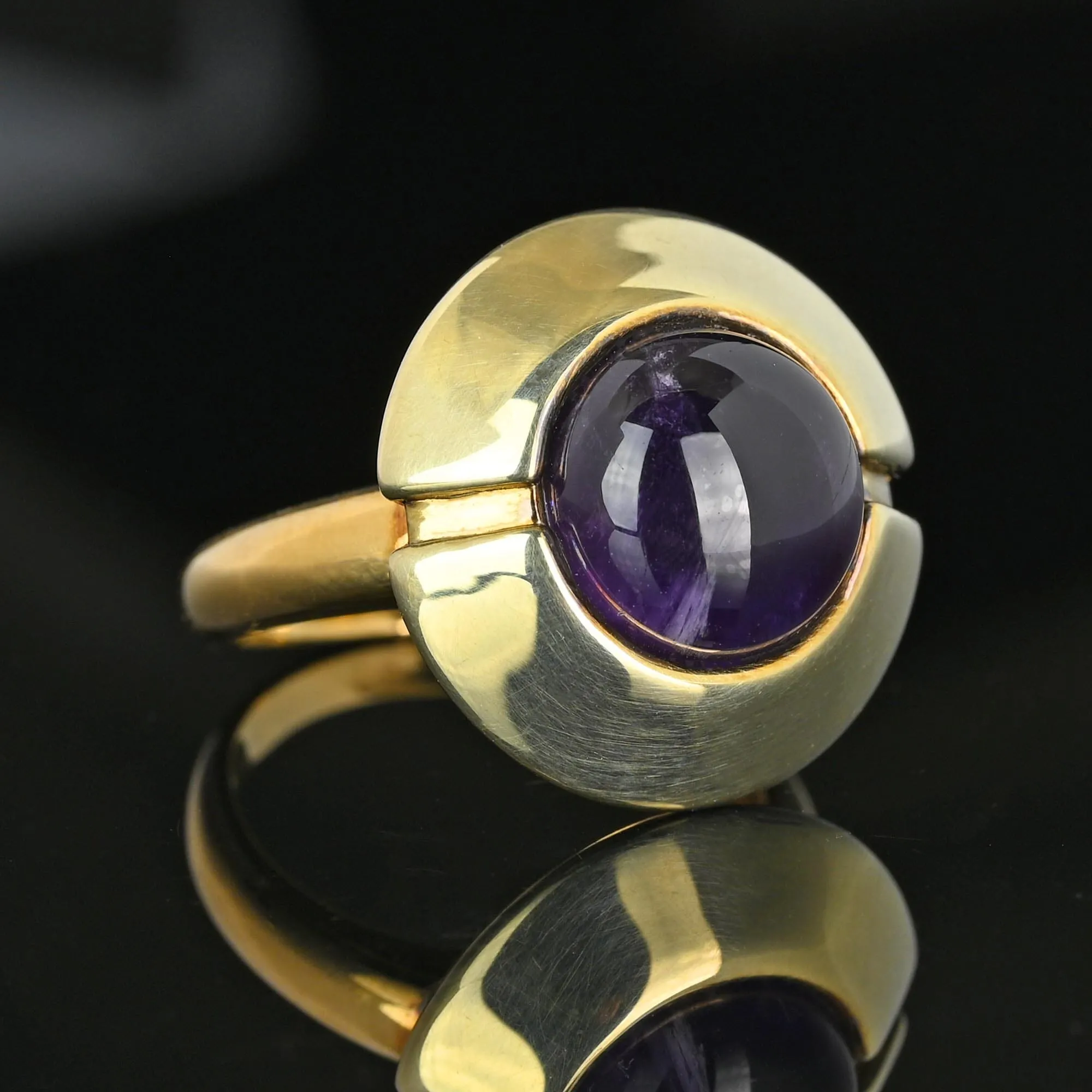 Heavy 14K Gold Amethyst Cabochon Target Style Ring