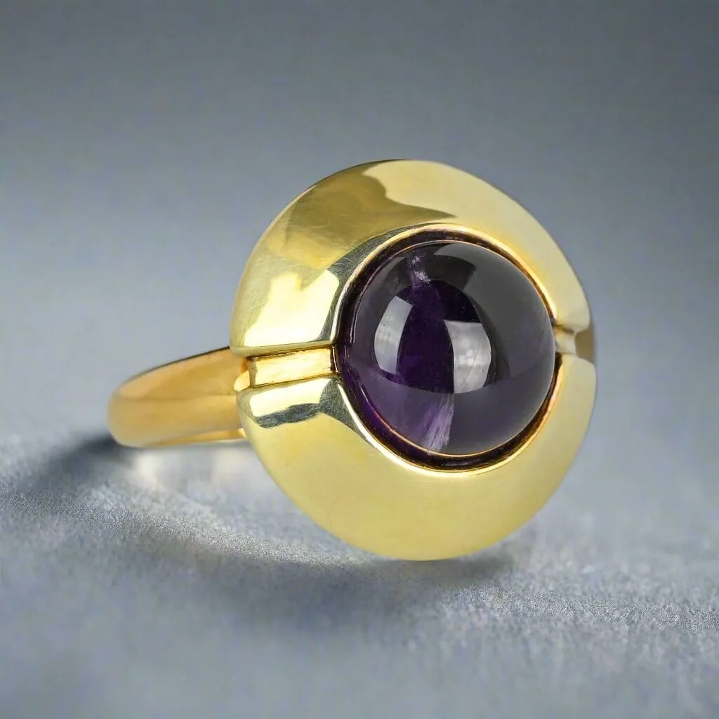 Heavy 14K Gold Amethyst Cabochon Target Style Ring