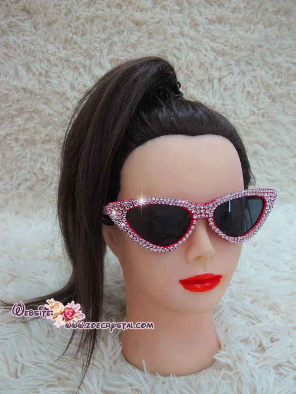 HOLLYWOOD Fashionable Cat Eye Sunglasses / Shades / Sunnies w Pink Bling Sparkly Bedazzled Rhinestones Festival Rockabilly Retro Pin Up