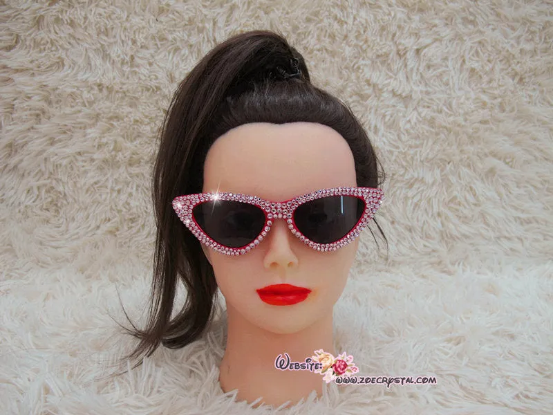 HOLLYWOOD Fashionable Cat Eye Sunglasses / Shades / Sunnies w Pink Bling Sparkly Bedazzled Rhinestones Festival Rockabilly Retro Pin Up