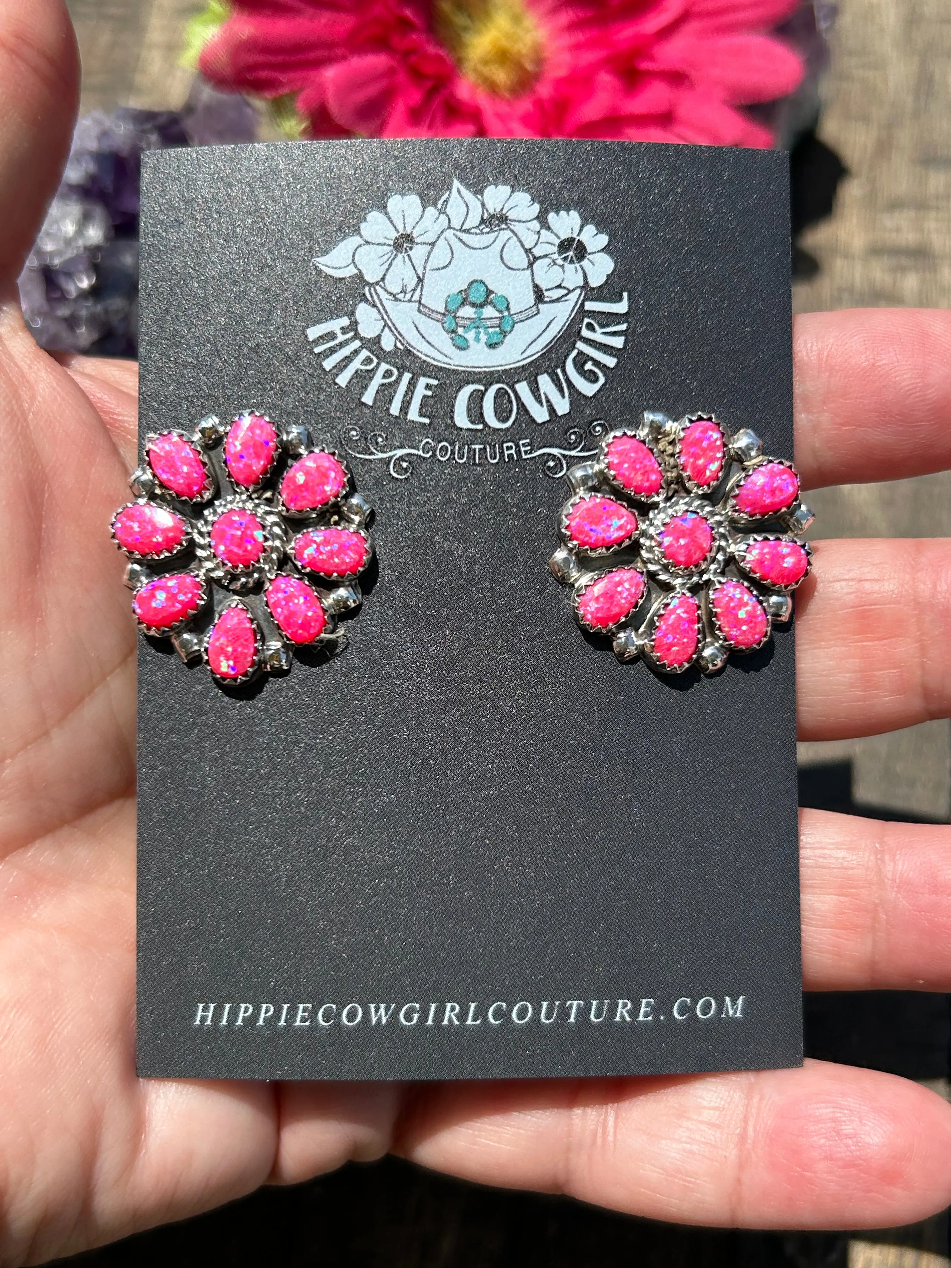 Hot Pink Opal Cluster Earrings