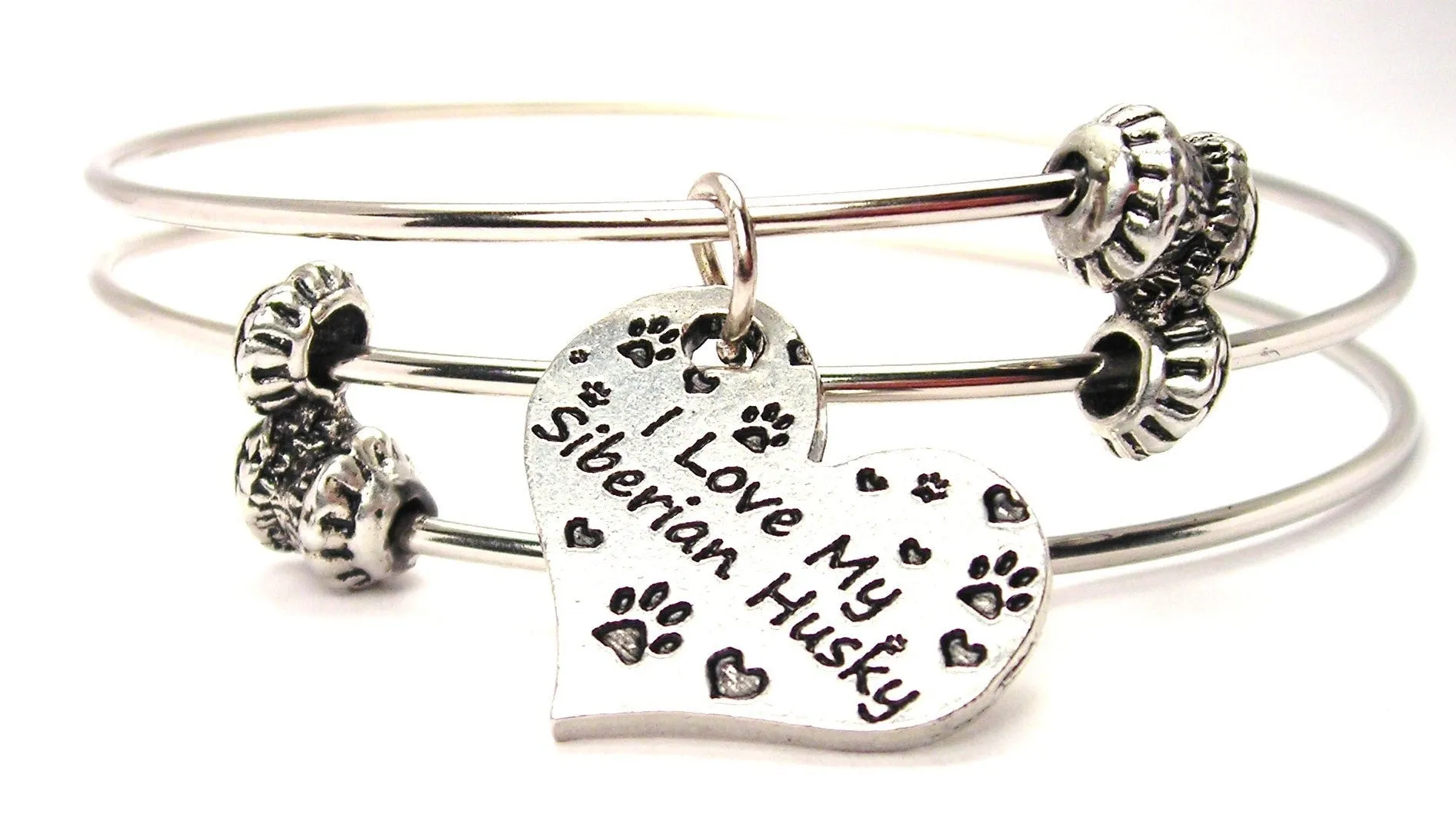 I Love My Siberian Husky Triple Style Expandable Bangle Bracelet