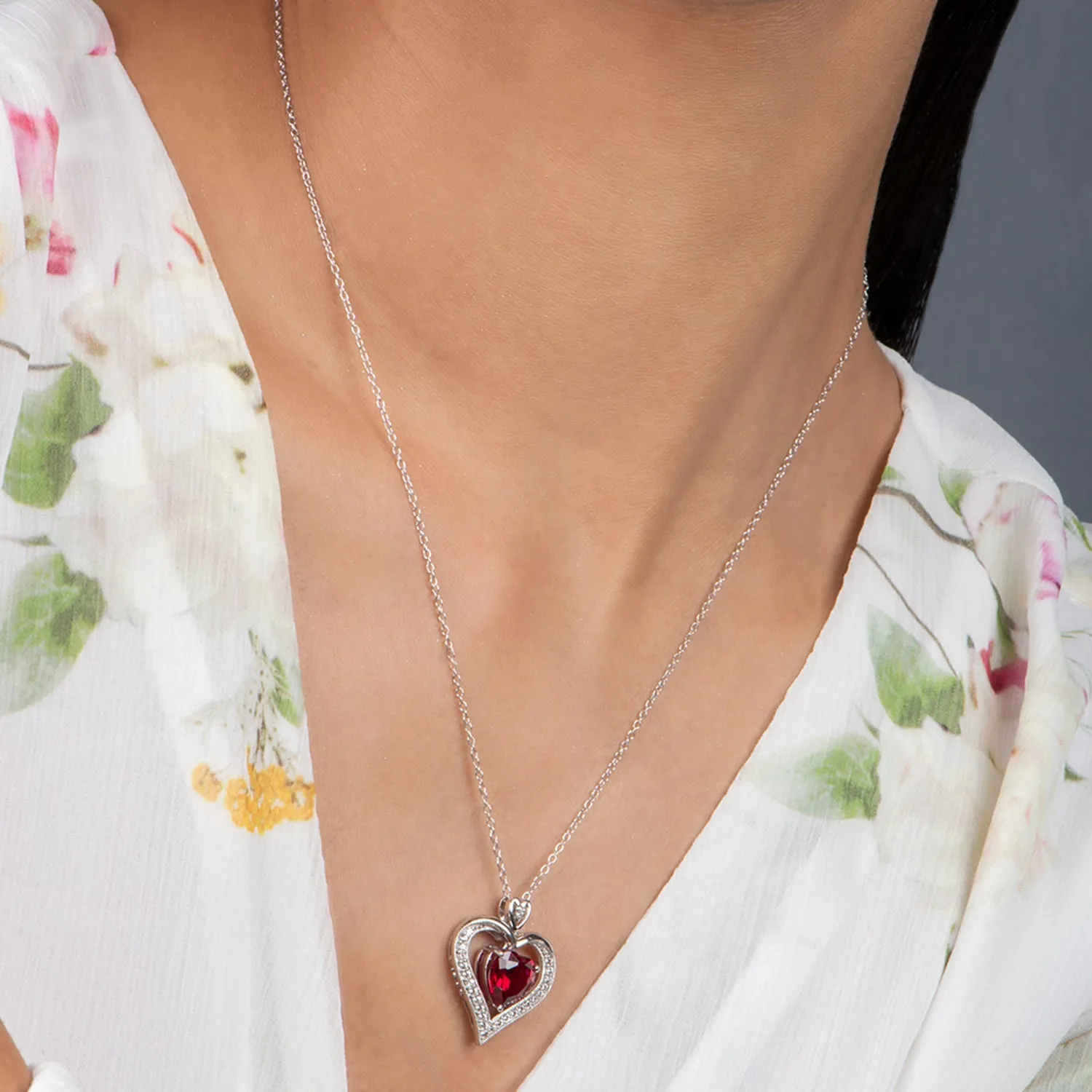 Jewelili Sterling Silver with Created Ruby and Created White Sapphire Pendant Necklace